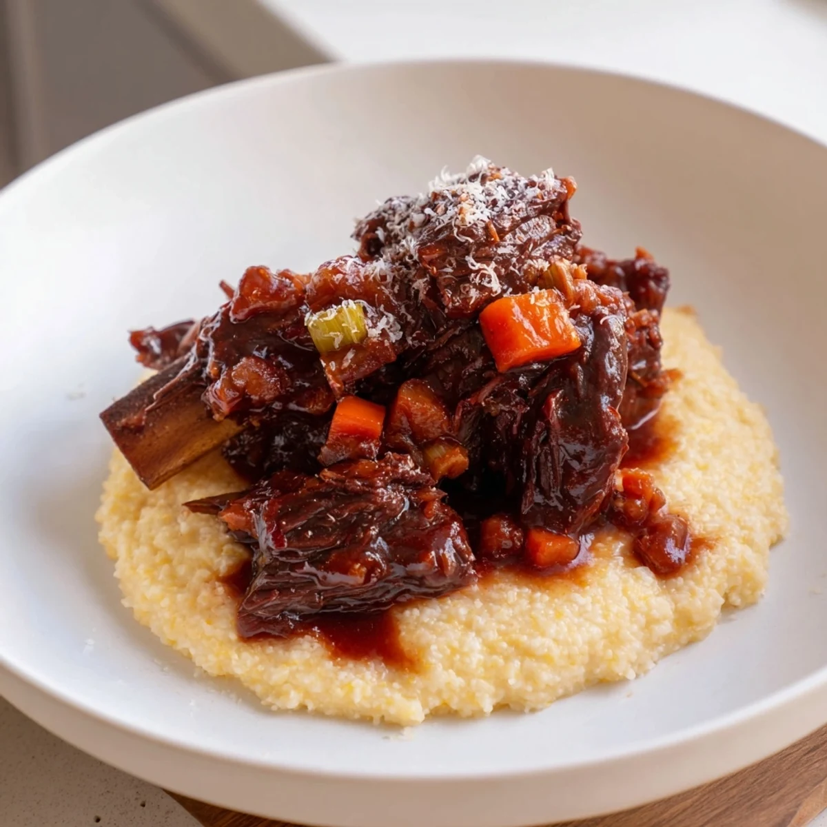 Forkful of Creamy Polenta with Braised Beef Short Ribs, showcasing fall-apart meat and golden polenta.