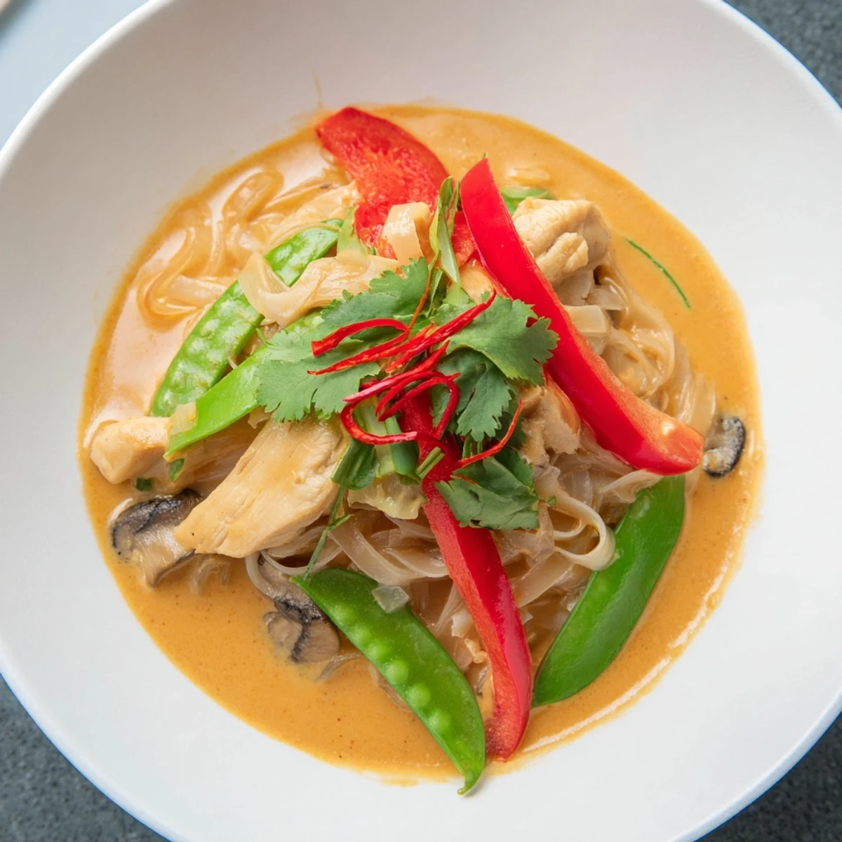 Steaming bowl of Thai Red Curry Noodle Soup with Chicken, displaying vibrant vegetables and tender chicken pieces.