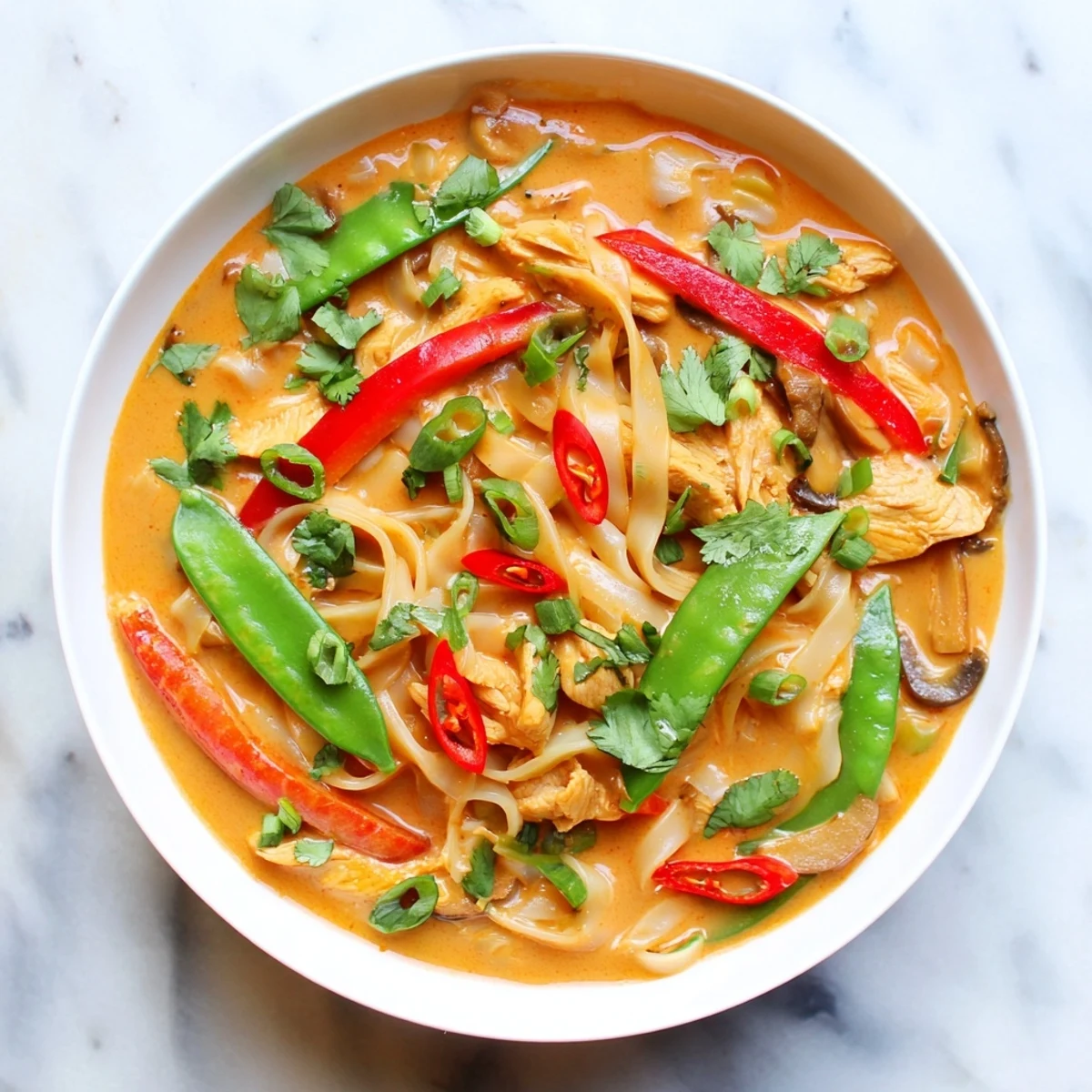 Creamy coconut broth surrounds the delicious Thai Red Curry Noodle Soup with Chicken, served with fresh cilantro.