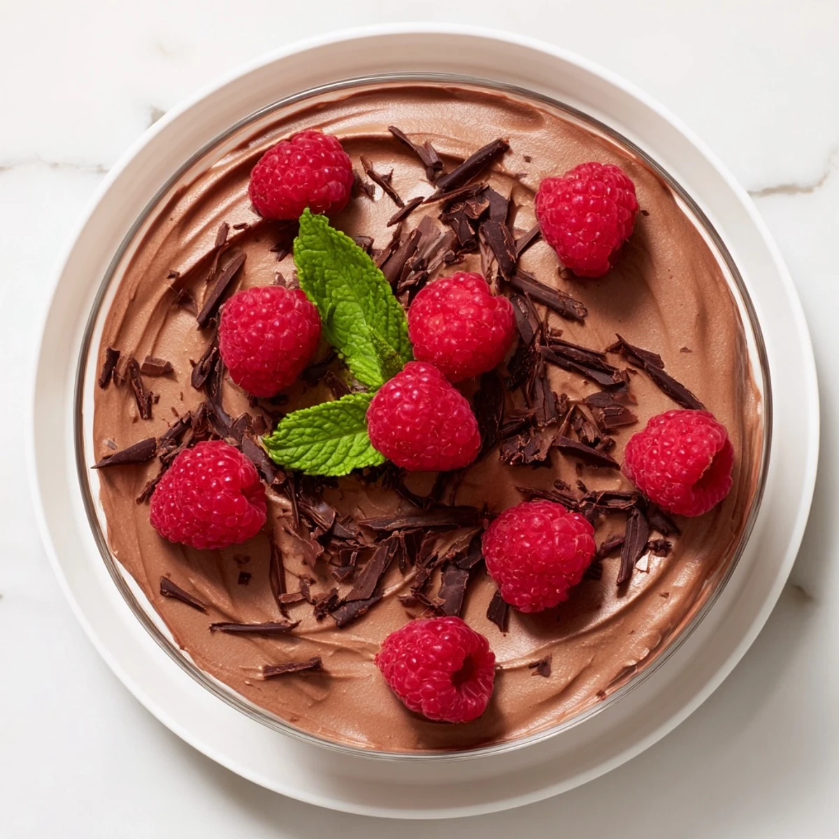 A close-up of decadent chocolate avocado mousse, topped with fresh raspberries, a healthy dessert treat.