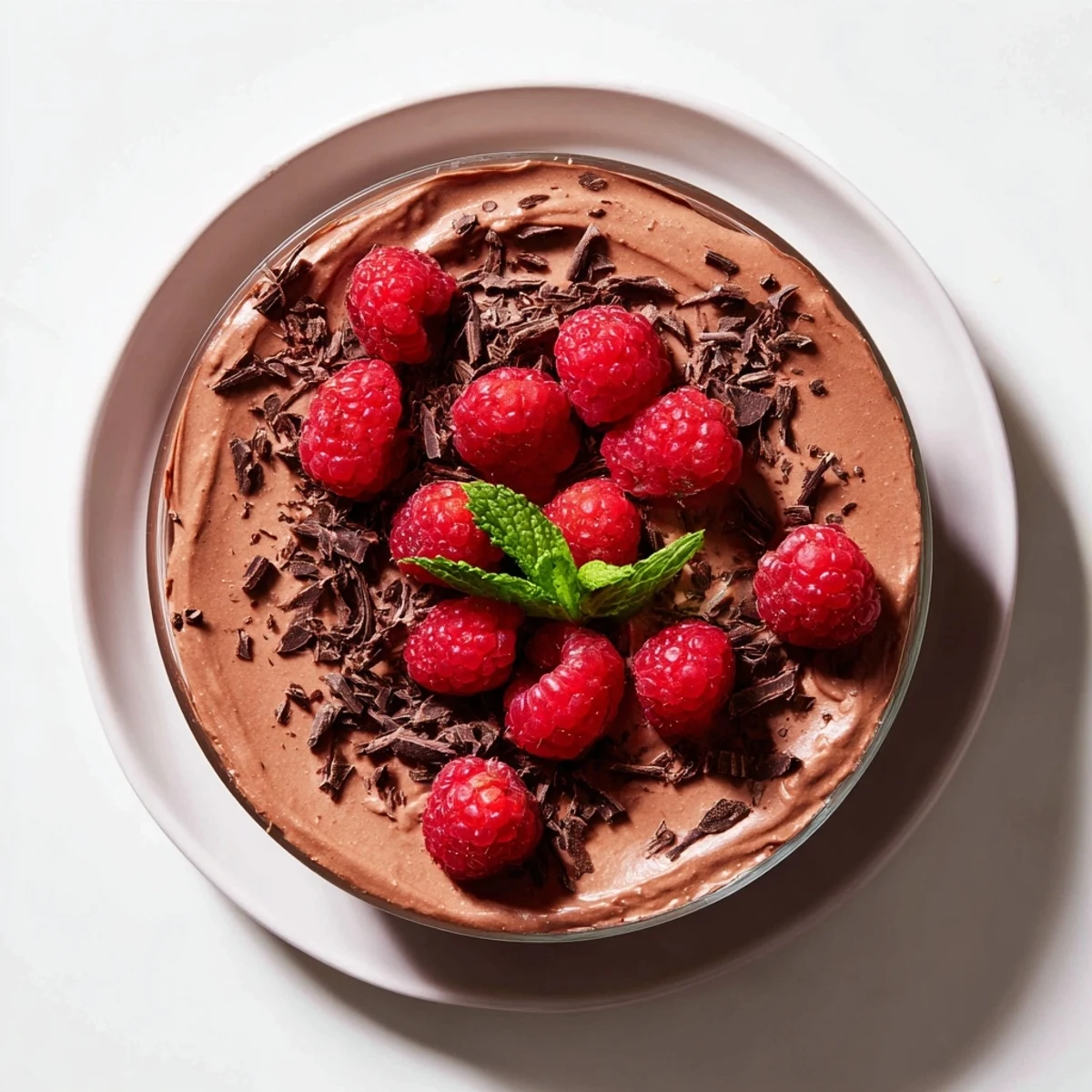 Creamy chocolate avocado mousse with vibrant red raspberries ready to be savored for dessert.