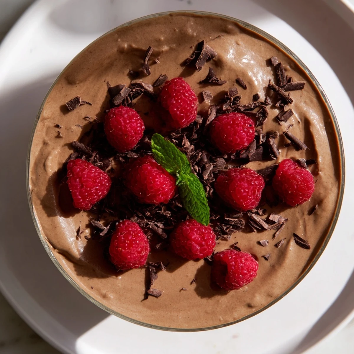 Enjoy this rich chocolate avocado mousse, a smooth and satisfying dessert, garnished with berries.