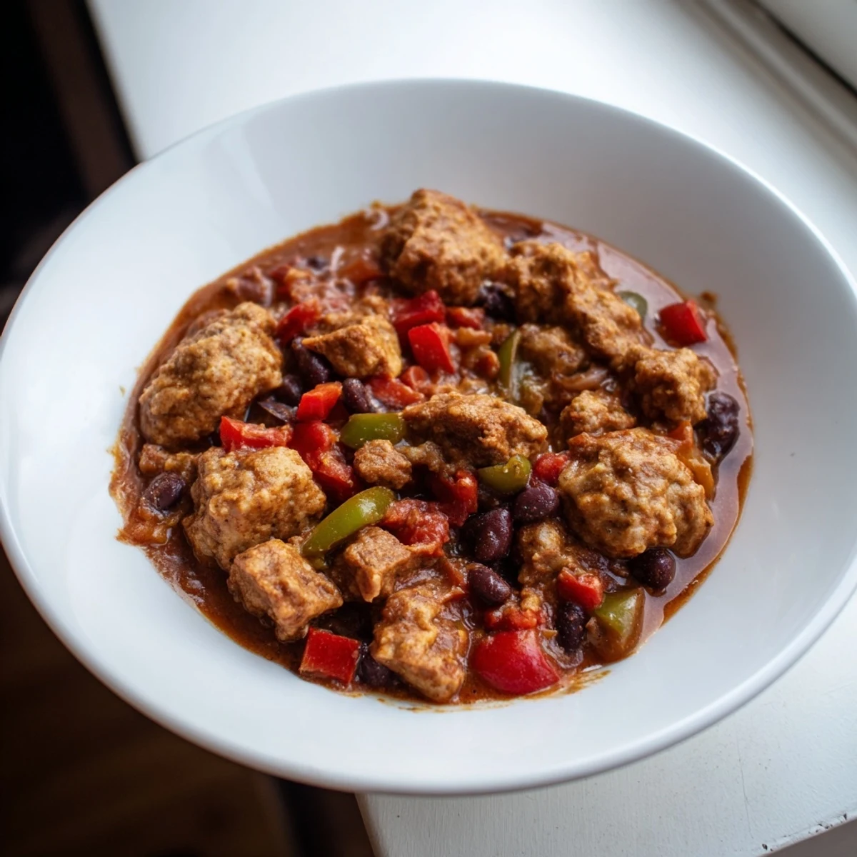 Steaming bowl of Beef Chili with Cornbread Dumplings ready to serve, a truly comforting meal.