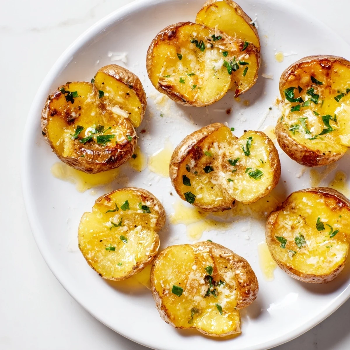 Golden, crispy Garlic Parmesan Smashed Potatoes sprinkled with fresh parsley, ready to be served.