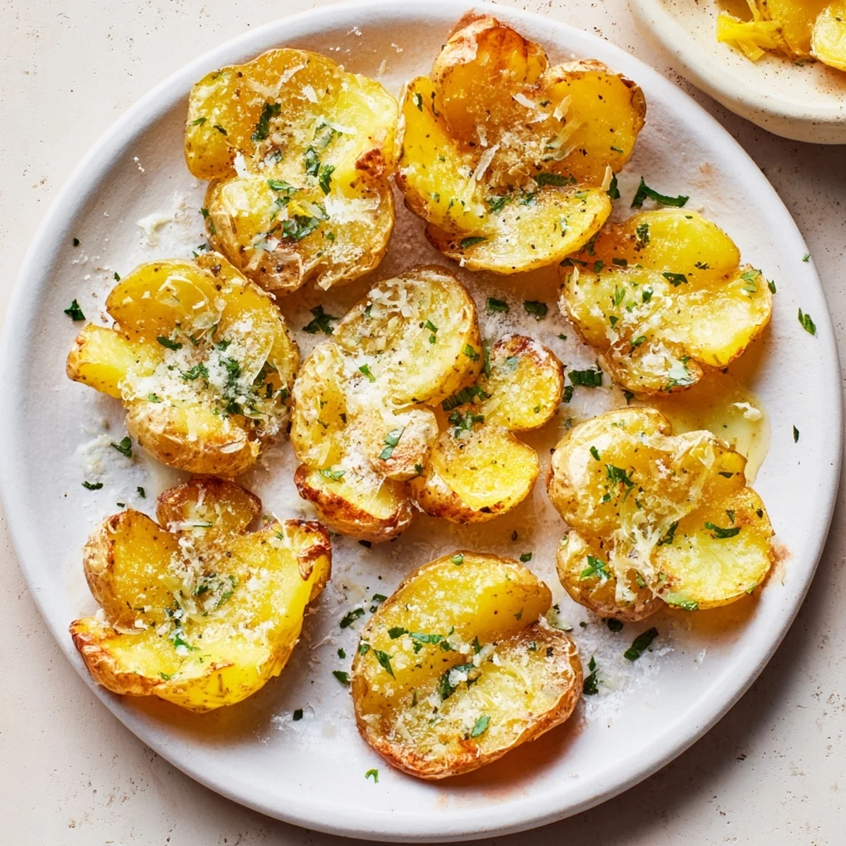 A plate of flavorful Garlic Parmesan Smashed Potatoes with melting cheese, excellent side dish.