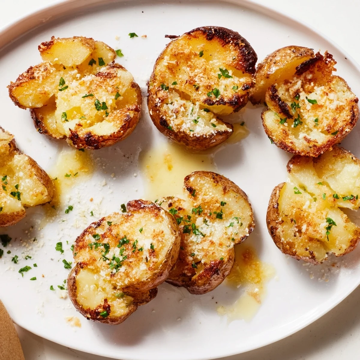 Close-up of bubbling Garlic Parmesan Smashed Potatoes, showcasing their flaky crust and savory flavors.
