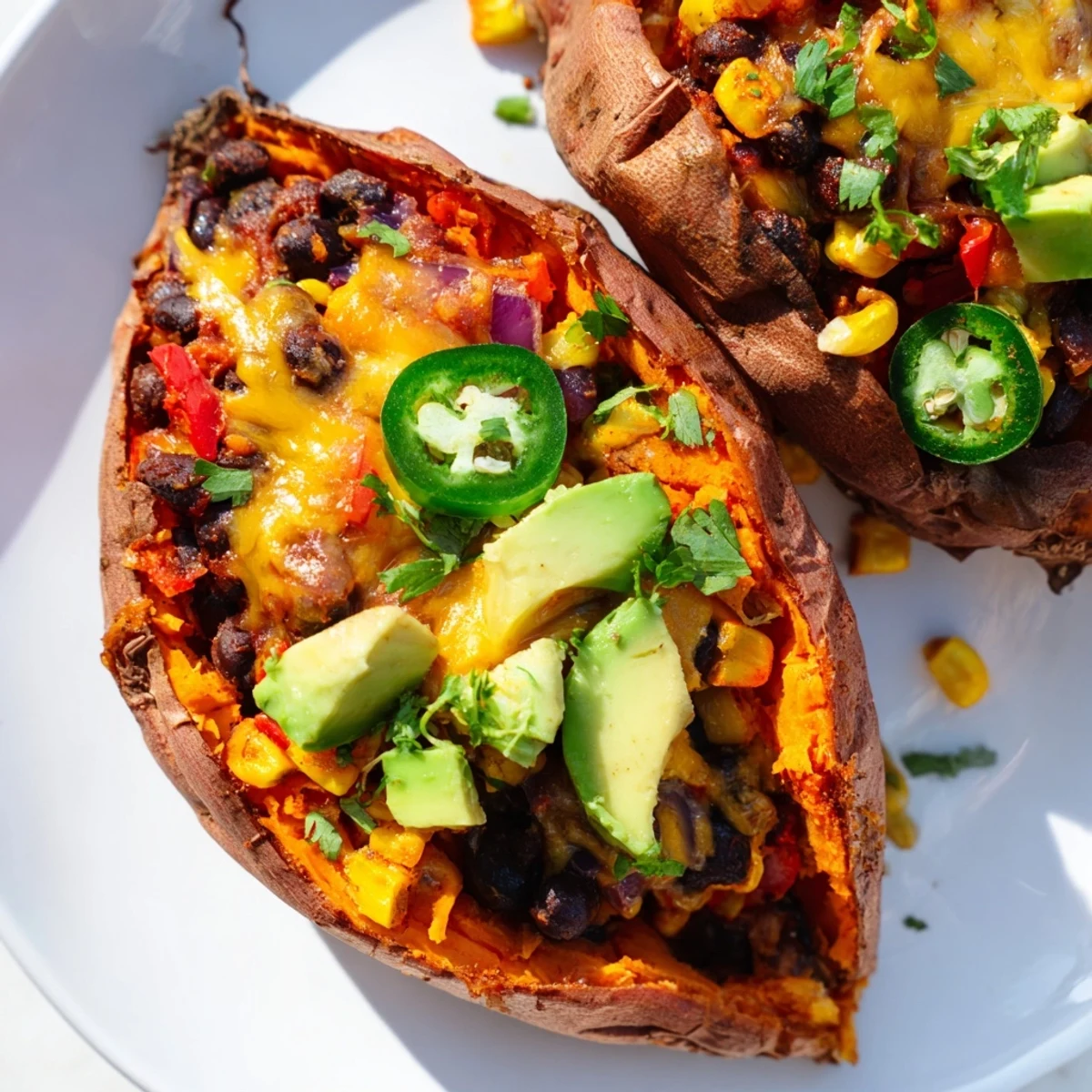 Loaded Sweet Potato Skins with savory black beans and melted cheese right out of the oven.
