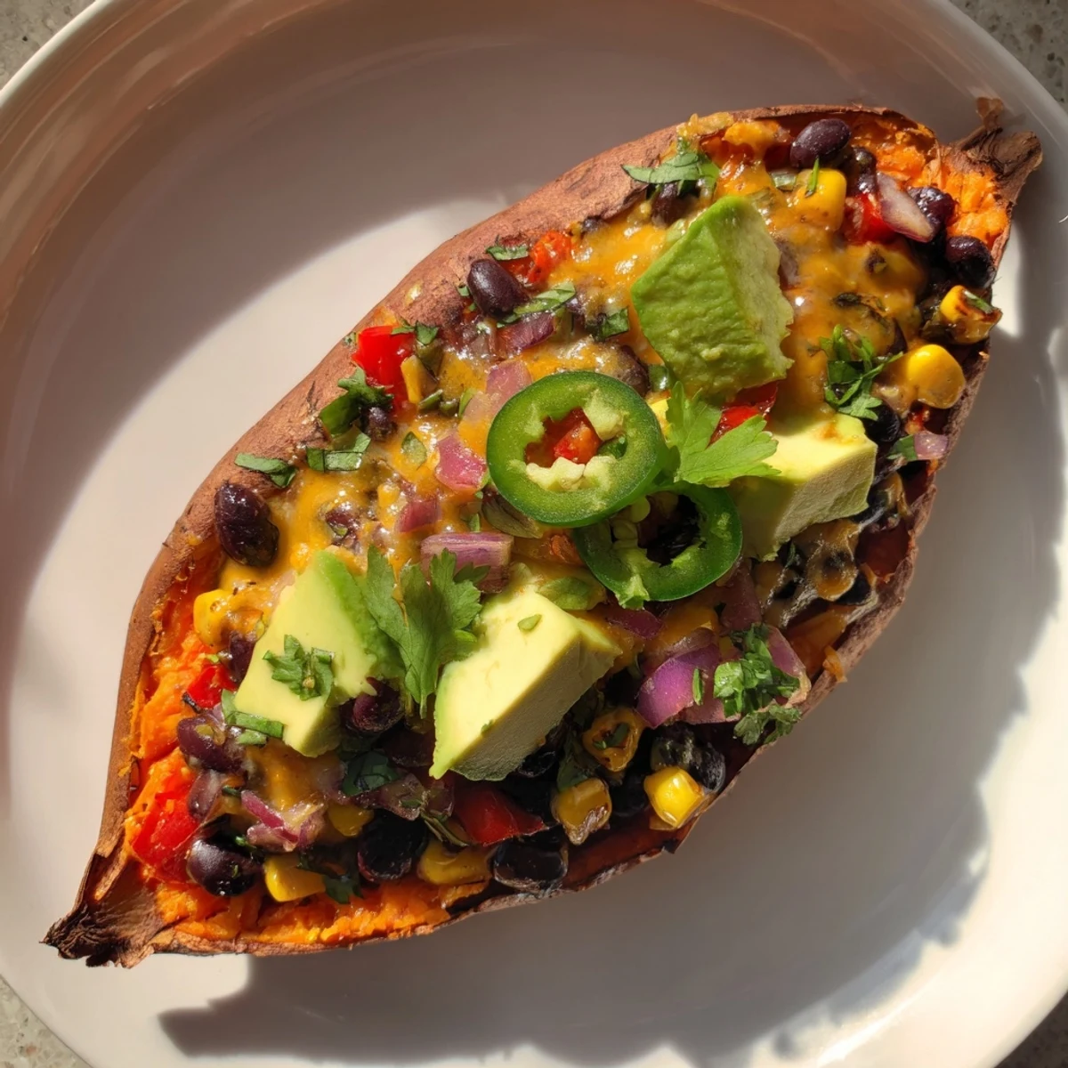 Golden-baked Loaded Sweet Potato Skins overflowing with a hearty black bean and cheese filling.