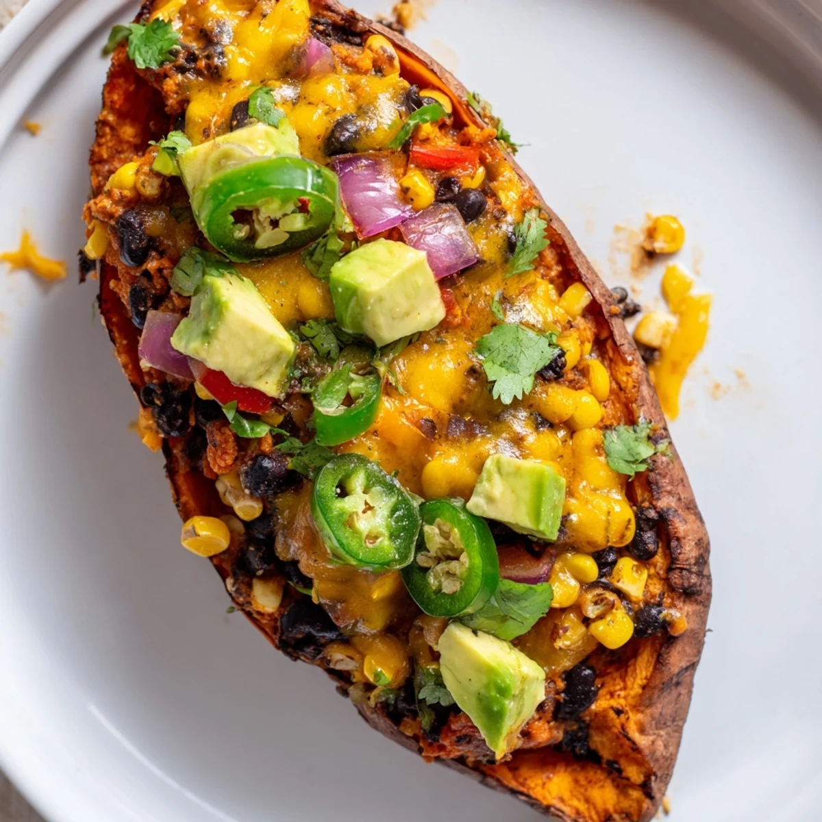 A close-up of delicious Loaded Sweet Potato Skins, showcasing the vibrant toppings and texture.