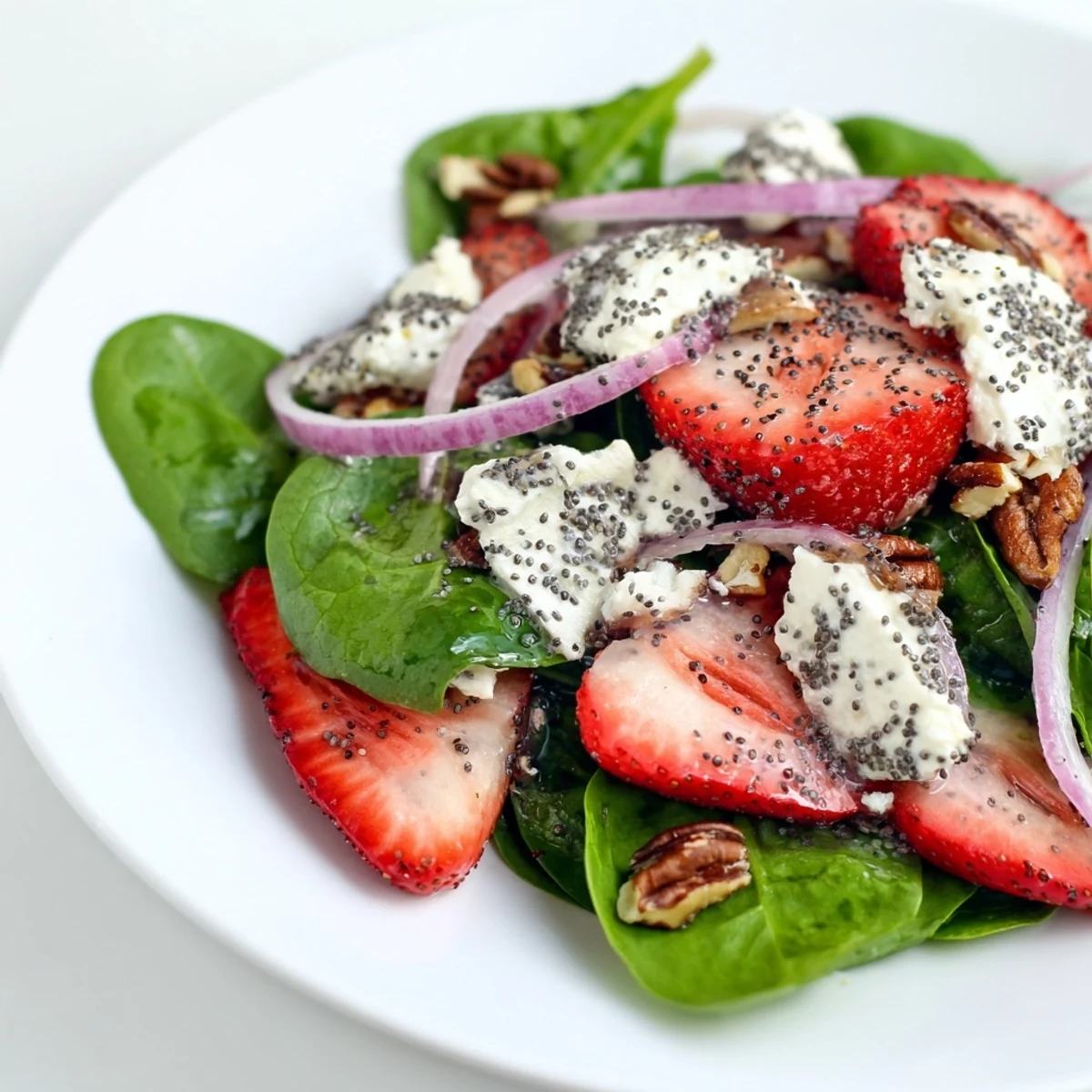 Vibrant strawberry spinach salad with poppy seed dressing, showcasing juicy berries and creamy feta.