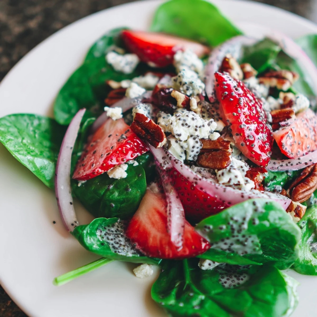 This appealing photo presents a delicious strawberry spinach salad with poppy seed dressing, ready to eat.