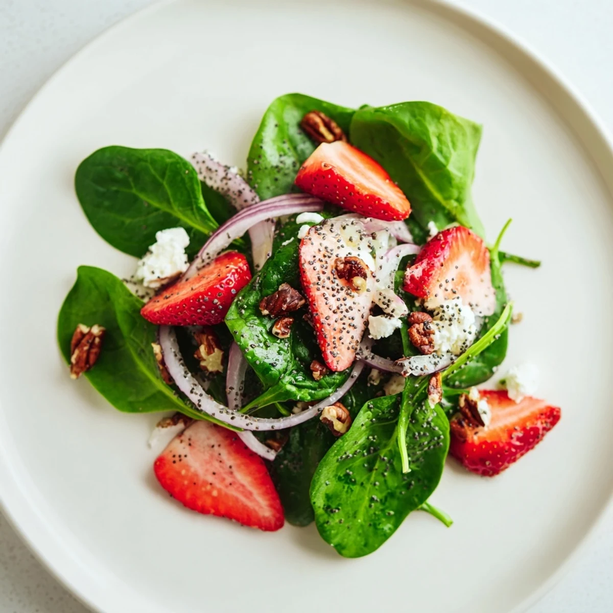 Freshly tossed strawberry spinach salad, imagine the colorful medley with poppy seed dressing drizzled over it.