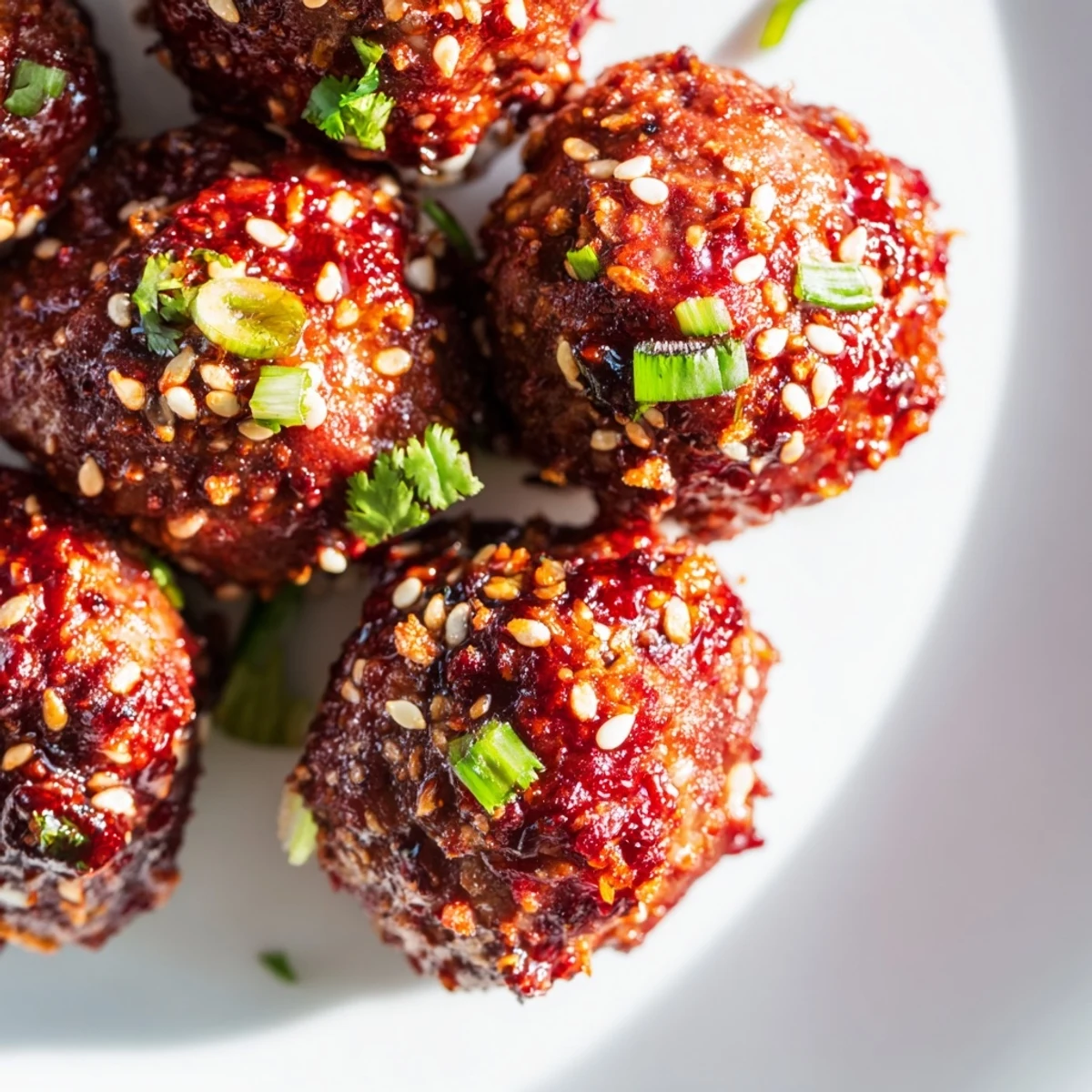 Golden-brown Spicy Sriracha Beef Meatballs with Sesame Seeds are garnished with fresh green onions and cilantro on a rustic platter.