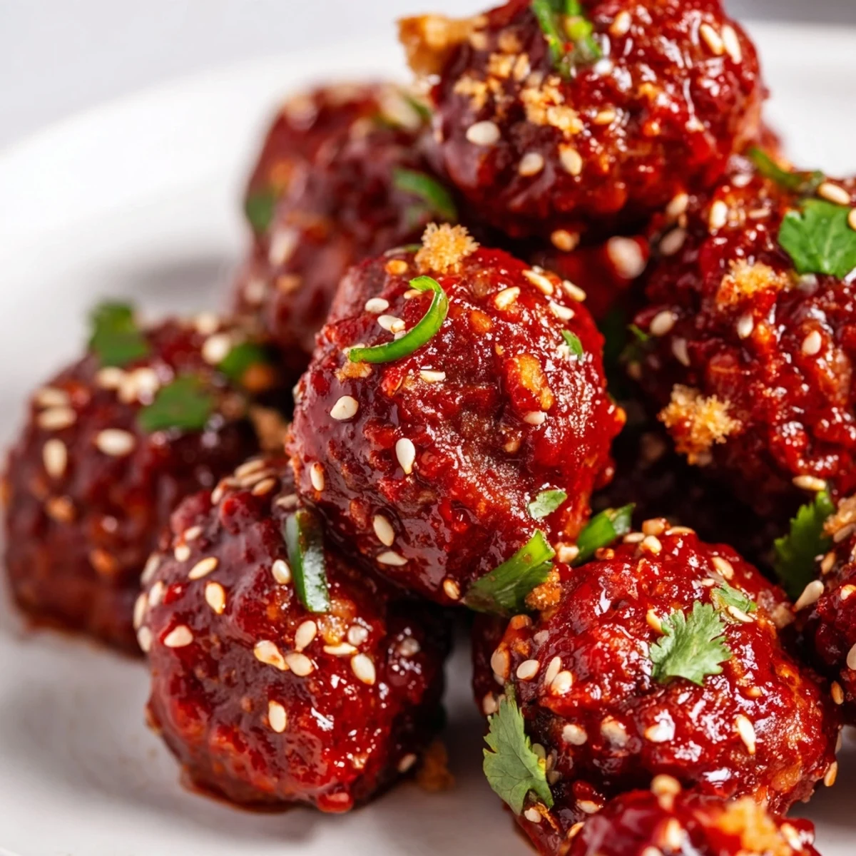 Freshly baked Spicy Sriracha Beef Meatballs sit on a baking sheet lined with parchment paper, showcasing their juicy texture and vibrant green onion garnish.
