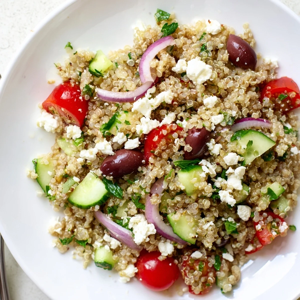 Freshly prepared Mediterranean Quinoa Salad with Cucumber and Feta, tossed with Kalamata olives and fresh parsley, served on a rustic wooden table.