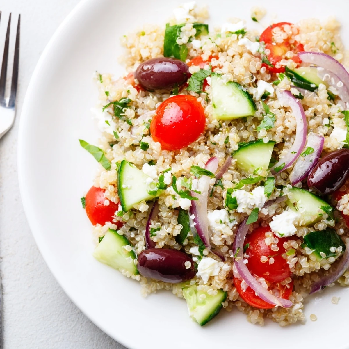 Mediterranean Quinoa Salad with Cucumber and Feta topped with fresh mint, with a lemon wedge and salad dressing bottle nearby for serving.
