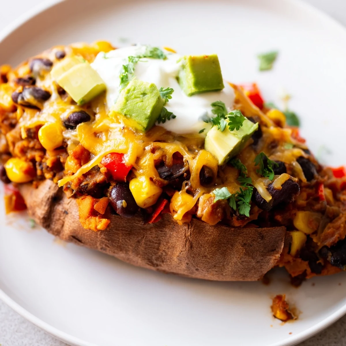 Golden-baked Loaded Sweet Potato Skins with Black Beans, stuffed and topped with melted cheese, avocado, and cilantro on a plate.