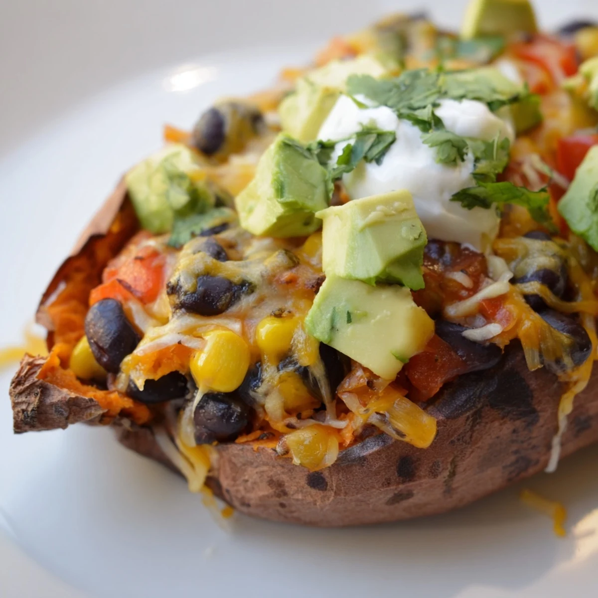 Platter of Loaded Sweet Potato Skins with Black Beans, featuring smoky beans, corn, and cheddar, with lime wedges for a zesty finish.
