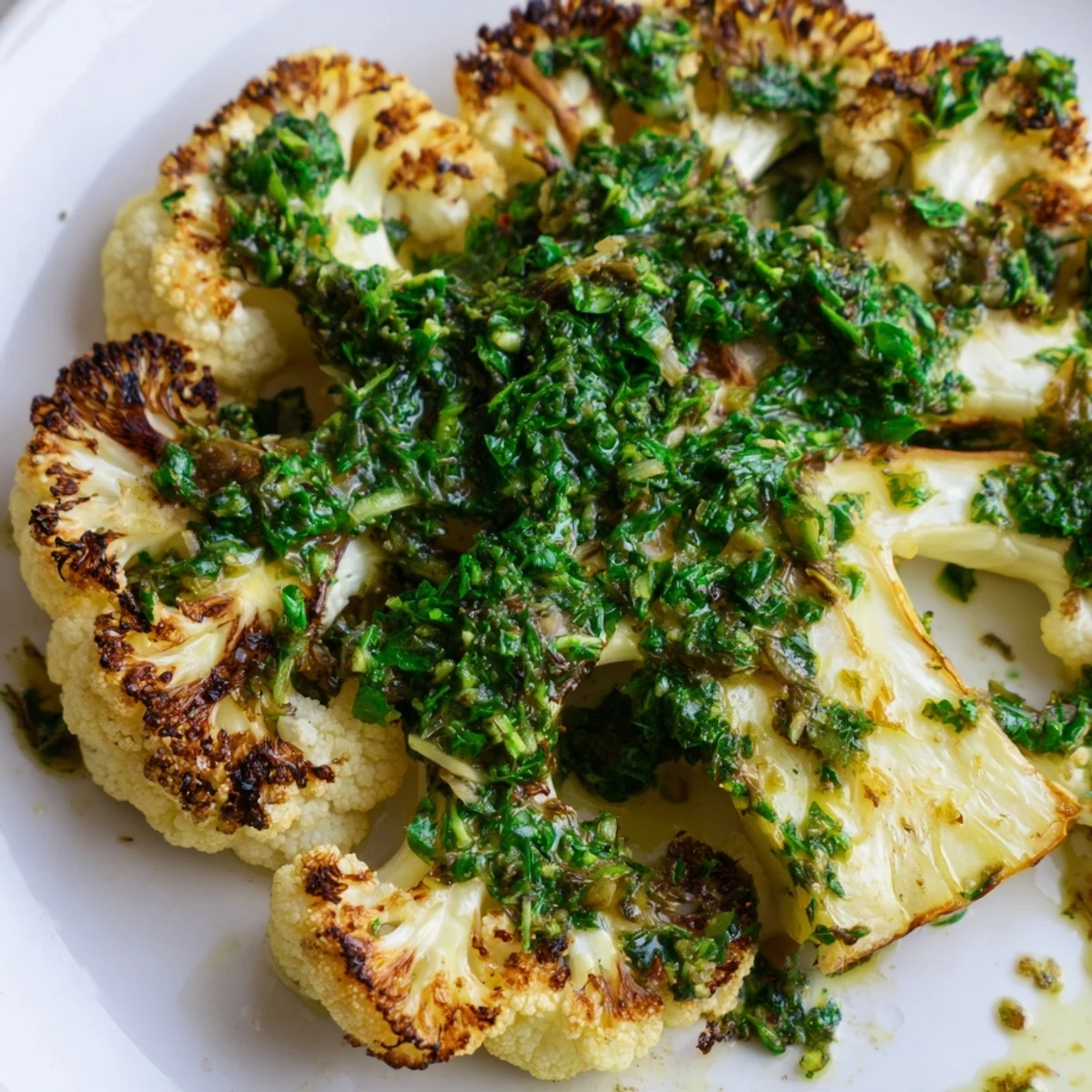 Tender, smoky cauliflower steaks topped with a generous spoonful of fresh, herb-packed chimichurri.