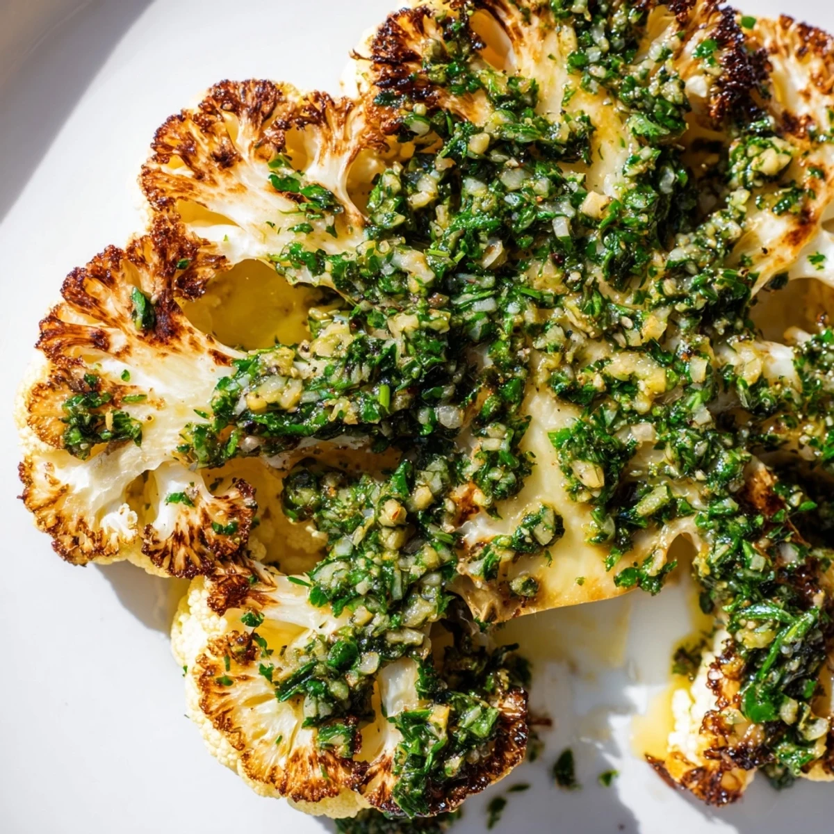 Golden roasted cauliflower steaks drizzled with vibrant green chimichurri sauce on a white plate.