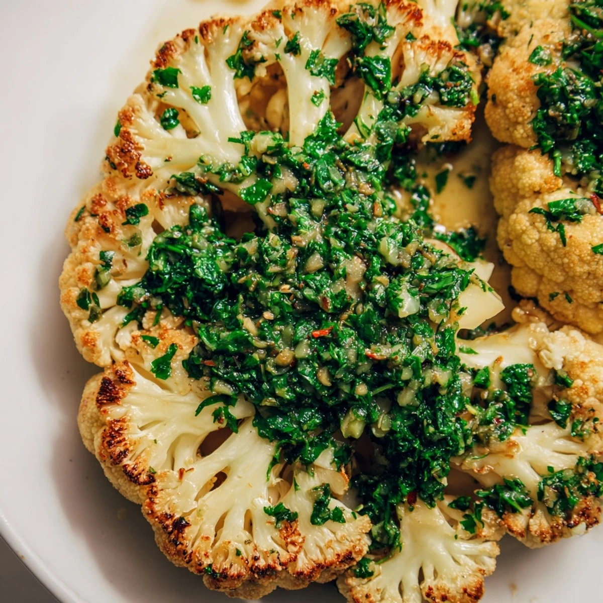 Vegan roasted cauliflower steaks served as a main dish with chimichurri, ready to eat.