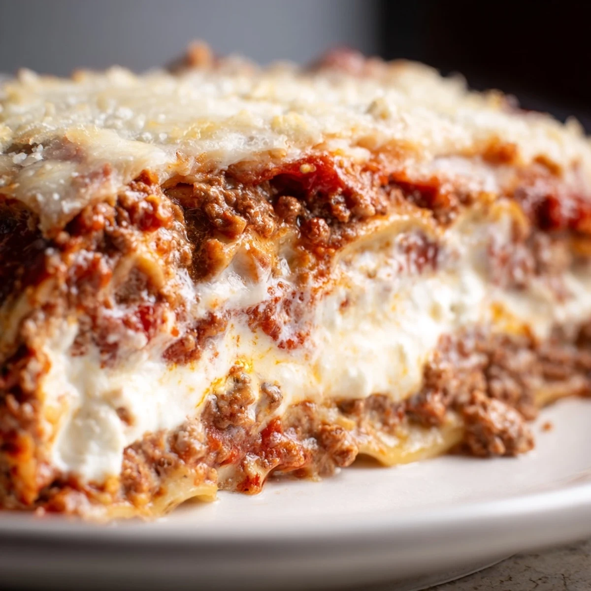 Homemade Classic Beef Lasagna slice resting on a plate, ready to be served.