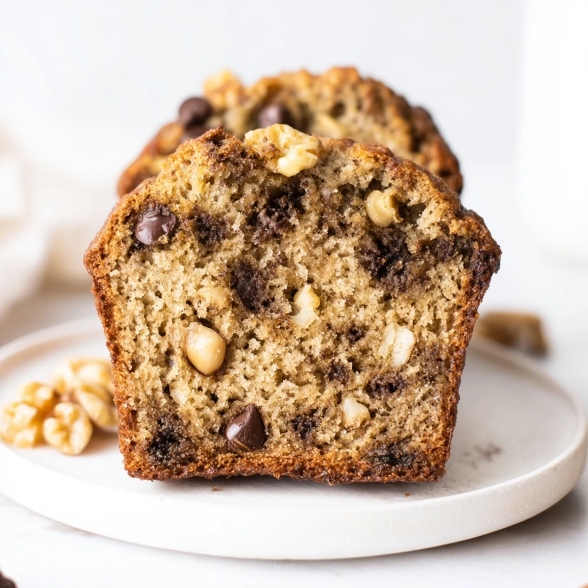 Golden-brown Chocolate Chip Banana Bread Muffins with Walnuts topped with melty chocolate chips.