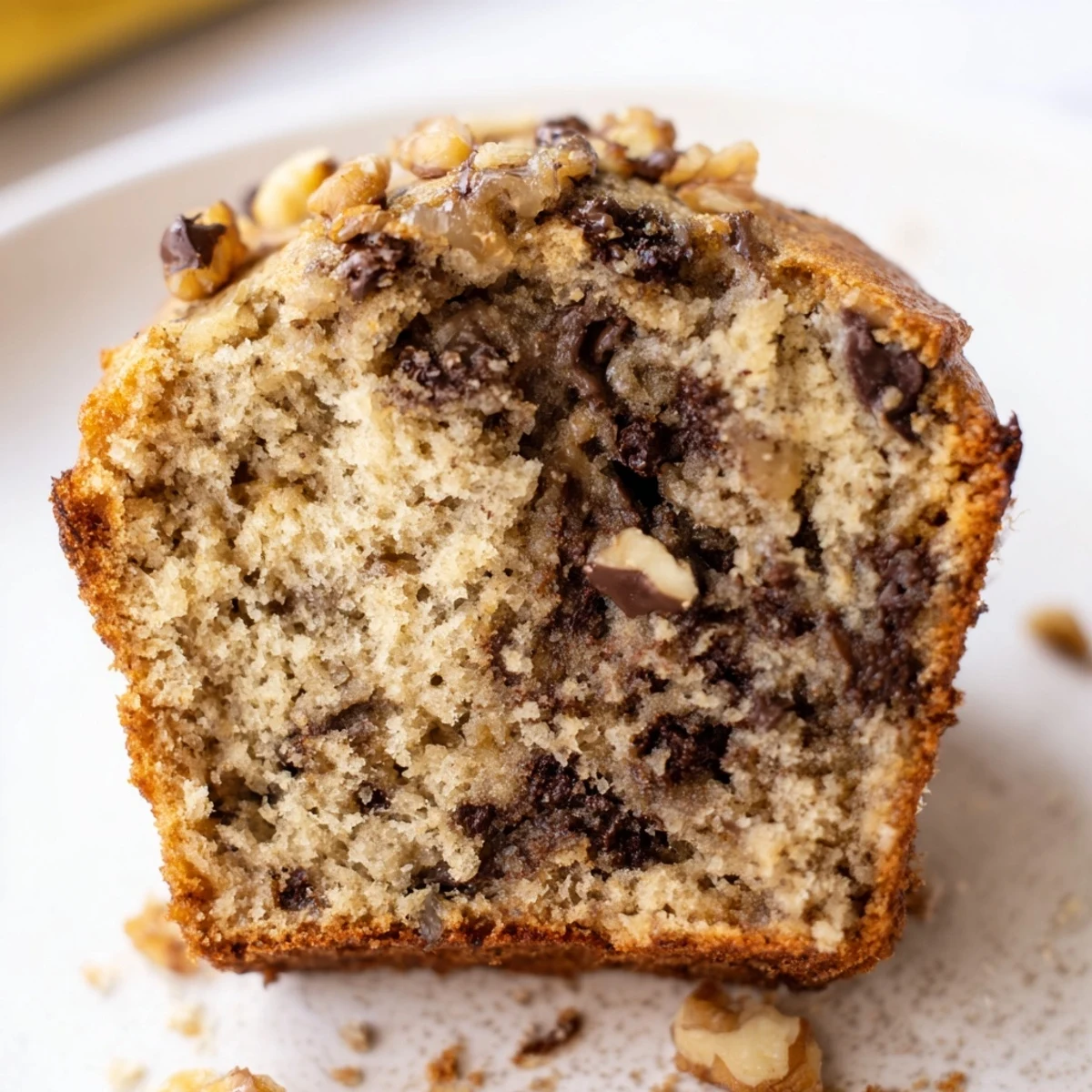 Freshly baked Chocolate Chip Banana Bread Muffins with Walnuts on a white plate.