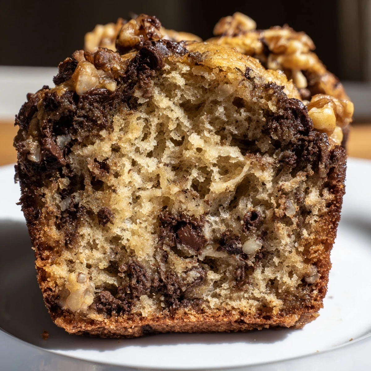 Warm Chocolate Chip Banana Bread Muffins with Walnuts served with a cup of coffee.