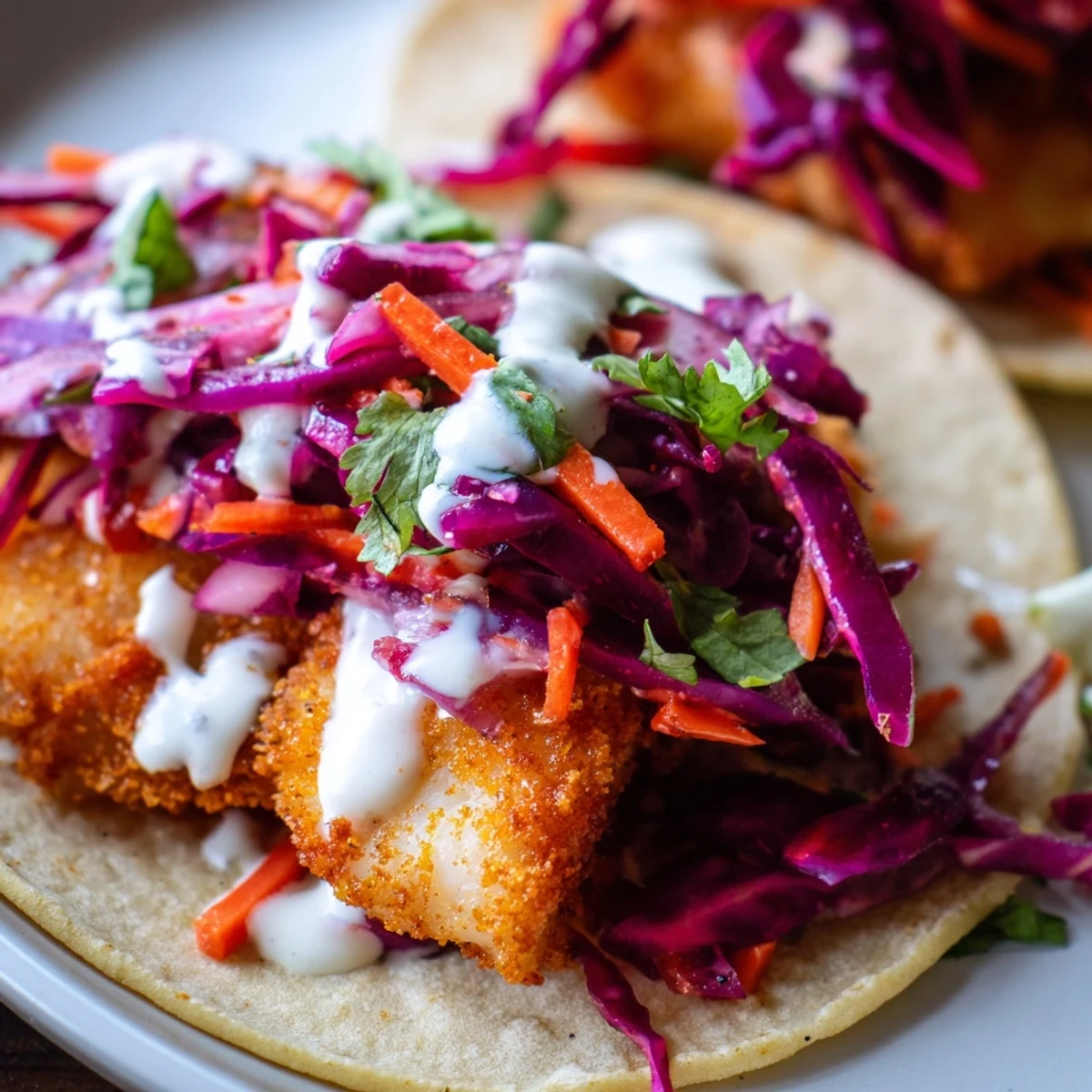 Crispy Fish Tacos with Red Cabbage Slaw are garnished with fresh cilantro and served with lime wedges on the side.