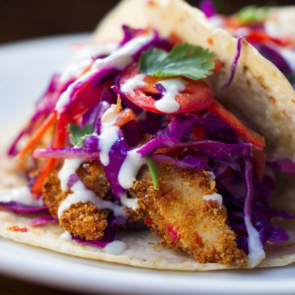 Golden, crispy fish fillets in warm tortillas topped with vibrant red cabbage slaw and a drizzle of crema.