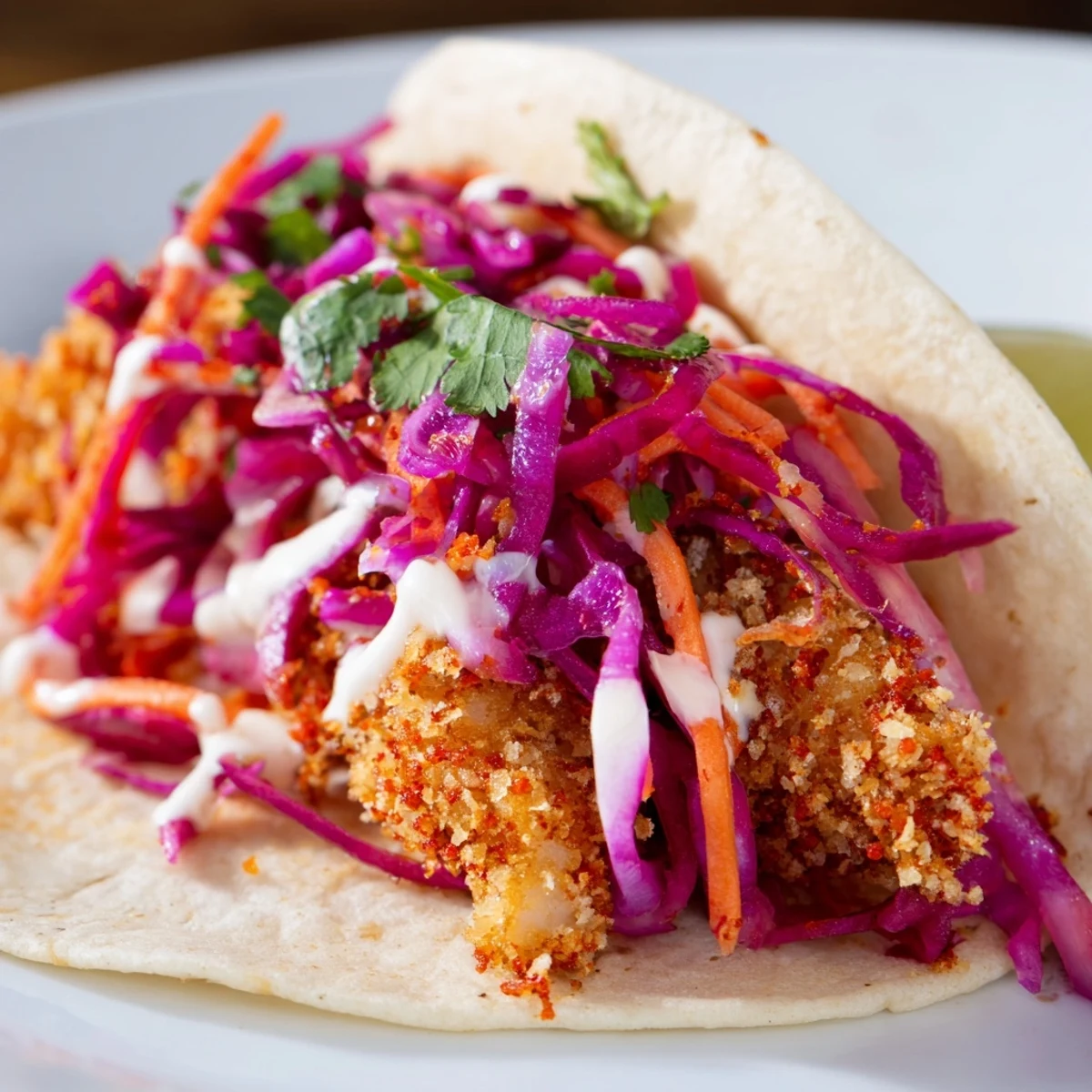 A close-up of Crispy Fish Tacos with Red Cabbage Slaw showing crunchy breading and colorful shredded slaw filling.