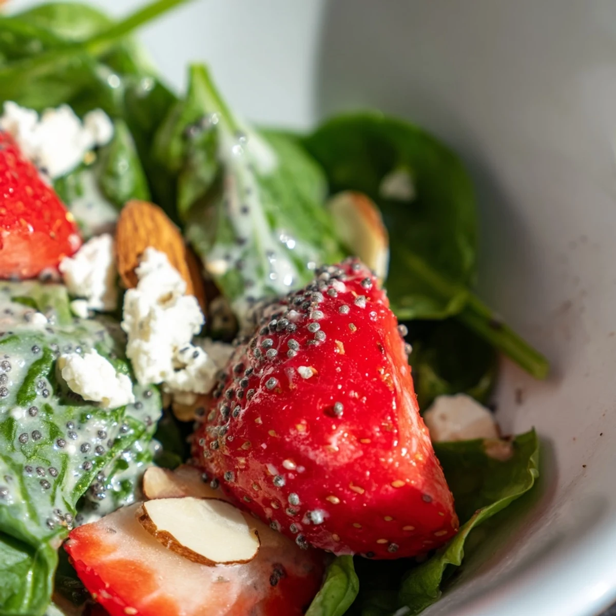 A close-up of Strawberry Spinach Salad with Poppy Seed Dressing drizzled over the colorful ingredients.