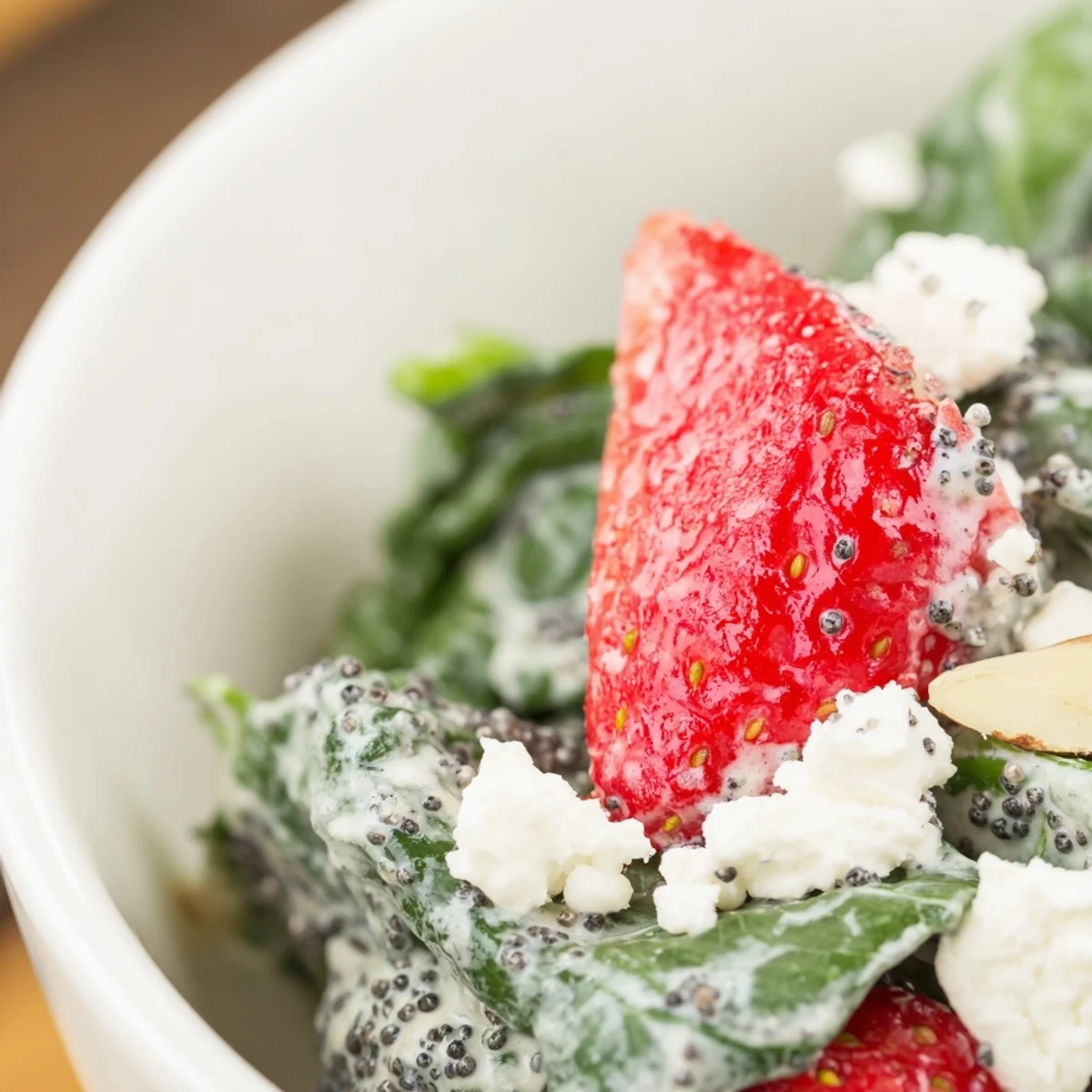Fresh baby spinach and sliced strawberries topped with crumbled feta and toasted almonds in a vibrant salad.