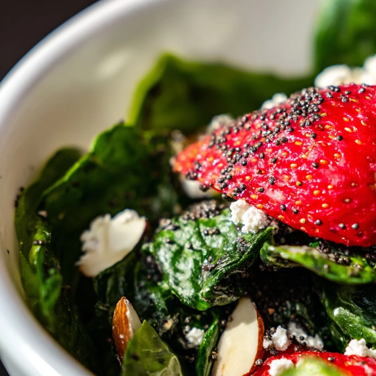 Serving bowl of Strawberry Spinach Salad with poppy seed dressing, red onions, and cranberries on a rustic table.