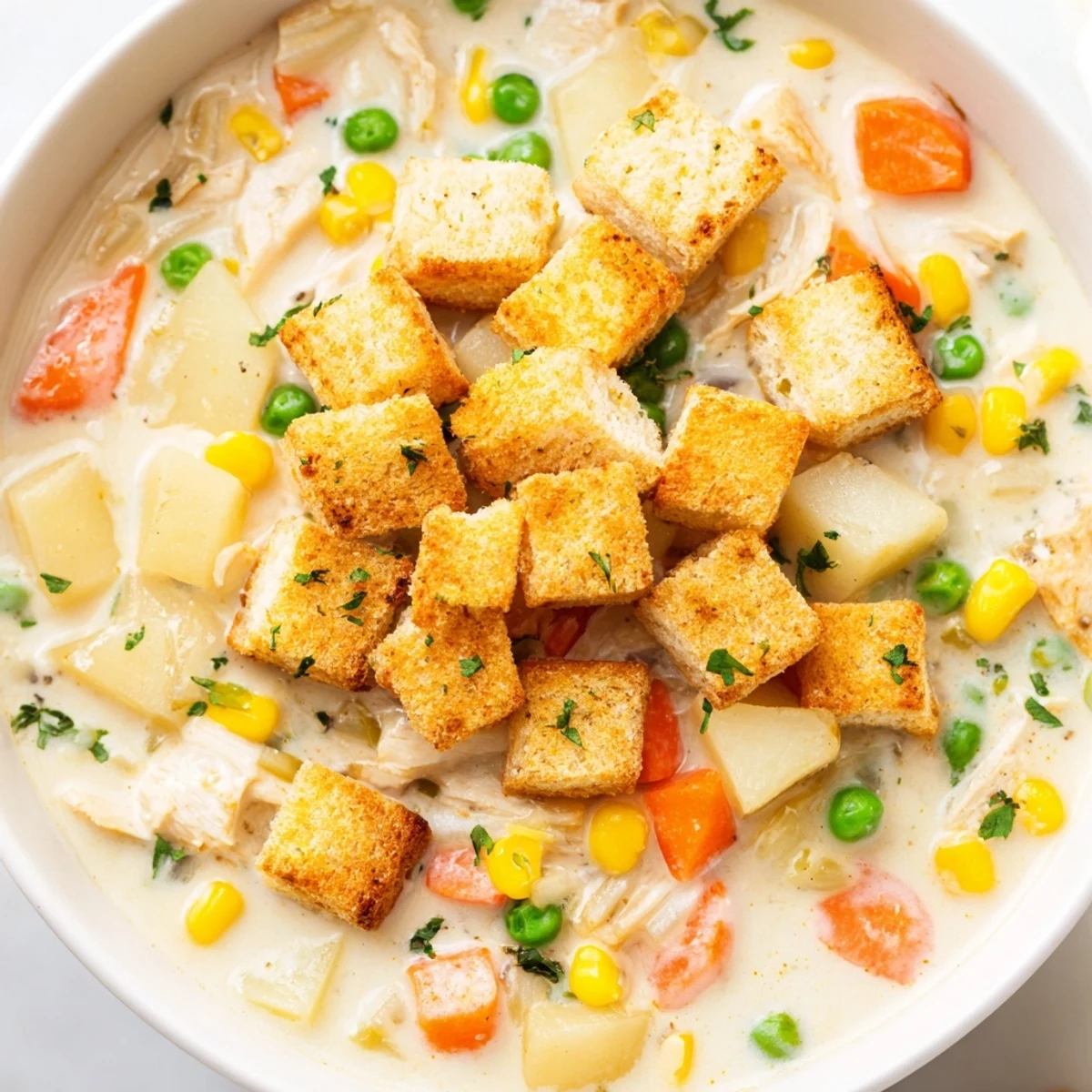Creamy Chicken Pot Pie Soup topped with golden, buttery biscuit croutons served in a rustic bowl.