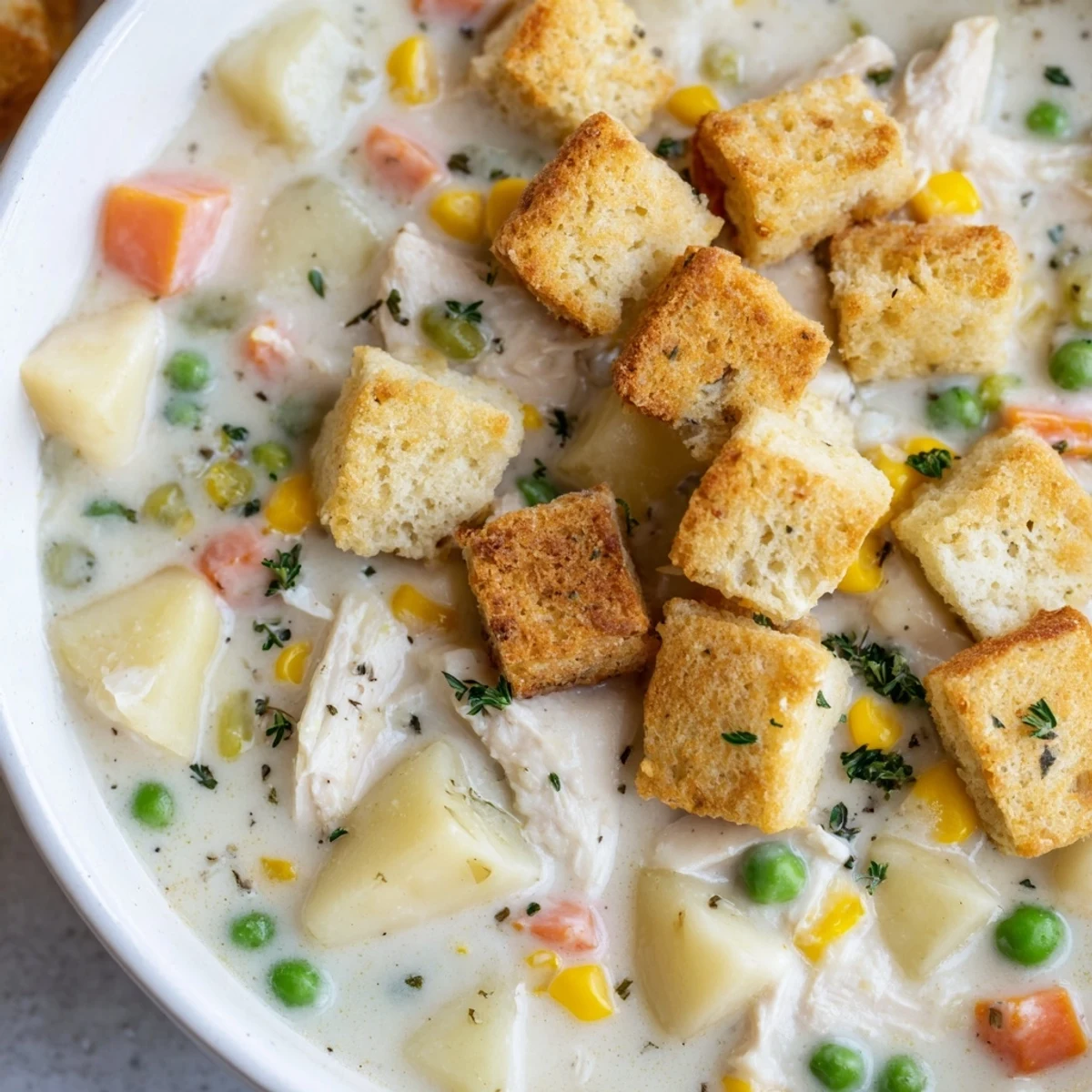 Warm bowl of Chicken Pot Pie Soup with biscuit croutons and fresh parsley, ready to serve.
