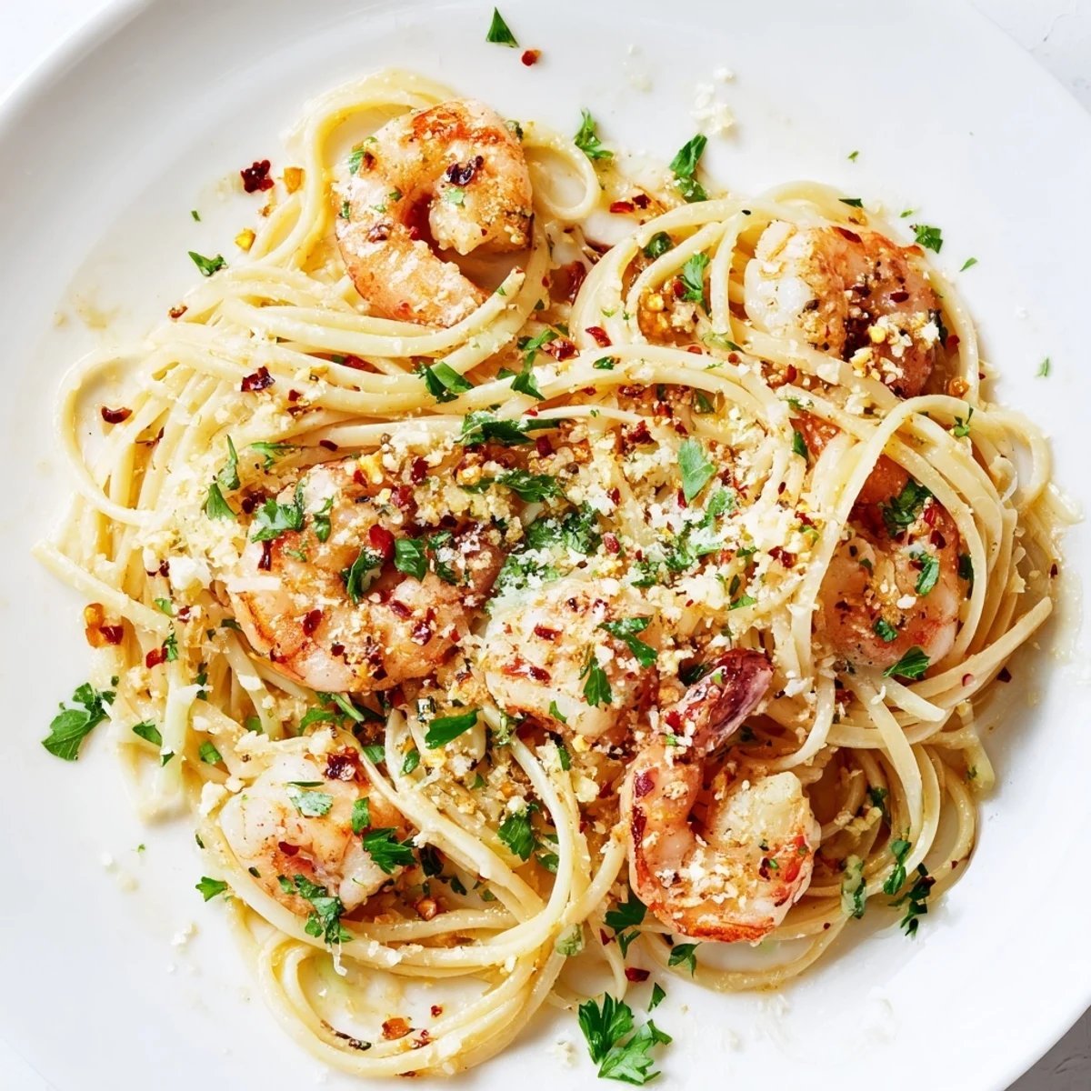 Warm Lemon Garlic Butter Shrimp Scampi over Linguine garnished with fresh parsley.