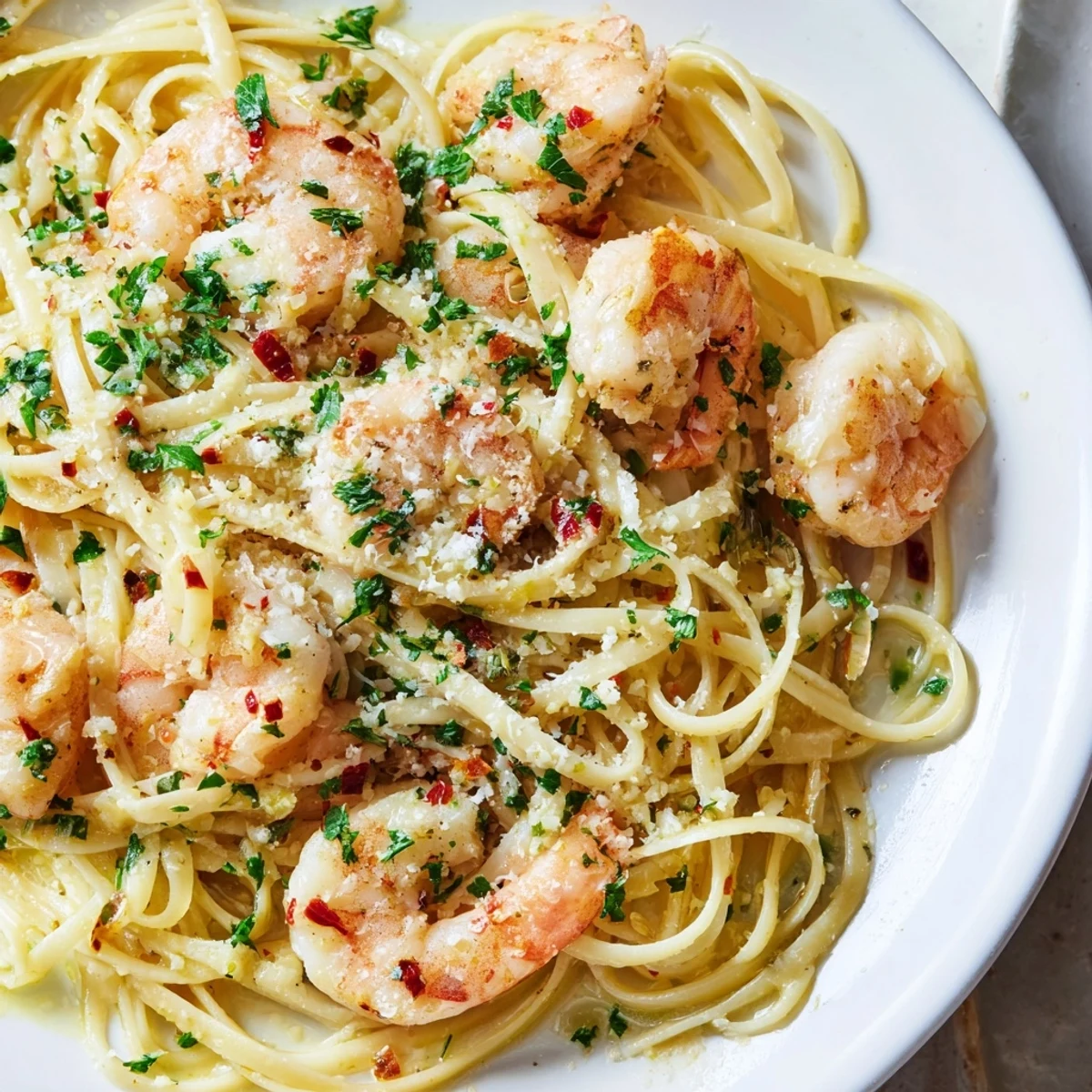 Steaming plate of Lemon Garlic Butter Shrimp Scampi over Linguine with lemon wedges.