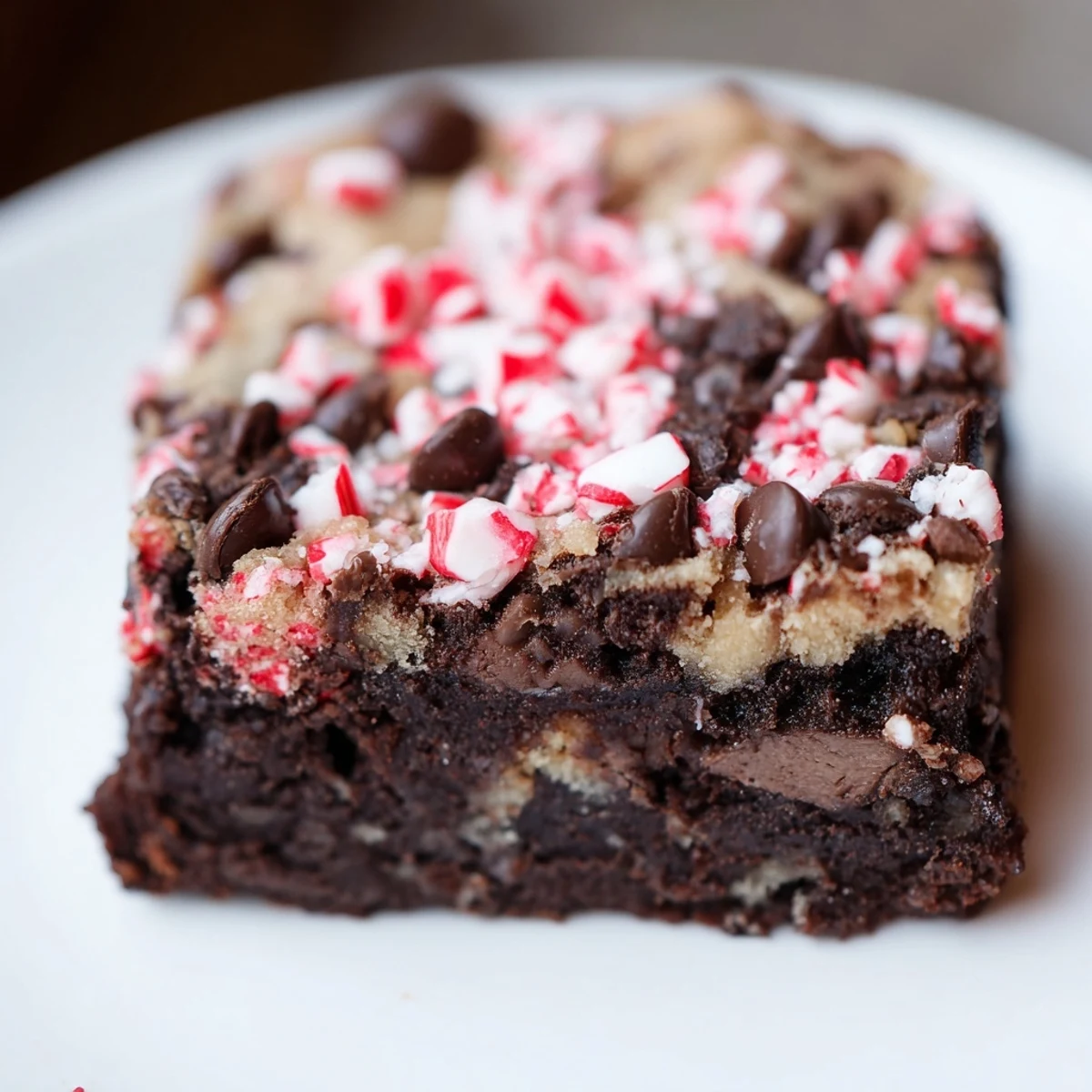 Festive Peppermint Chocolate Chip Brookies layered on a plate with crushed candy cane topping.