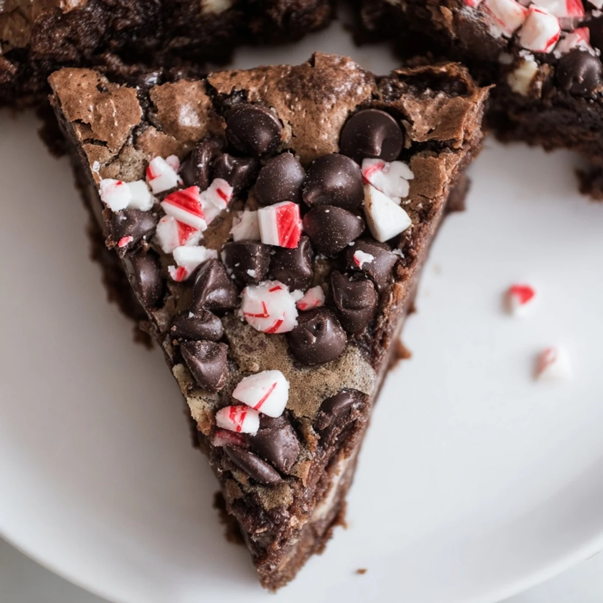 Warm Peppermint Chocolate Chip Brookies stacked high with melty chocolate chips visible.