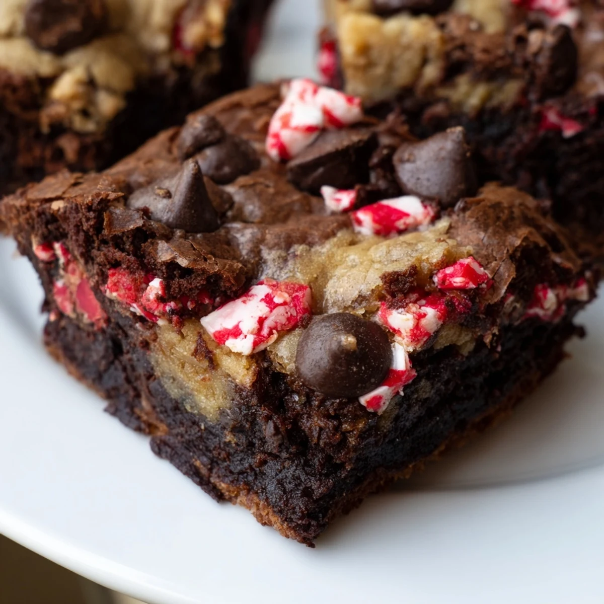 Homemade Peppermint Chocolate Chip Brookies with fudgy brownie and chewy cookie layers.