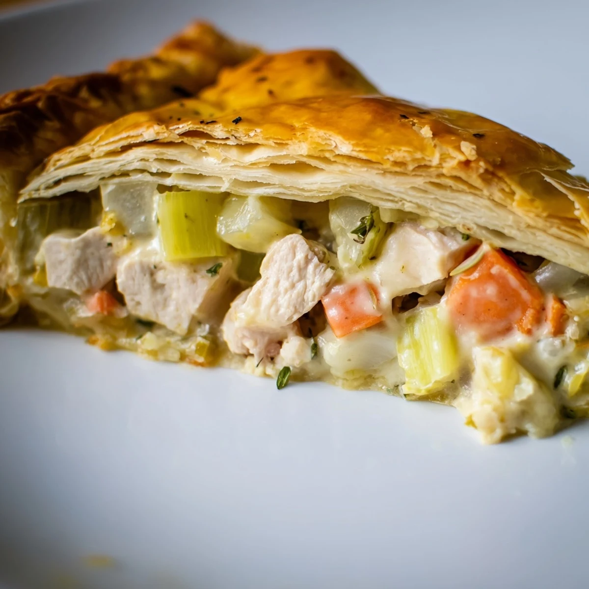 Golden-brown Savory Chicken and Leek Pie with flaky puff pastry crust and steam vent.