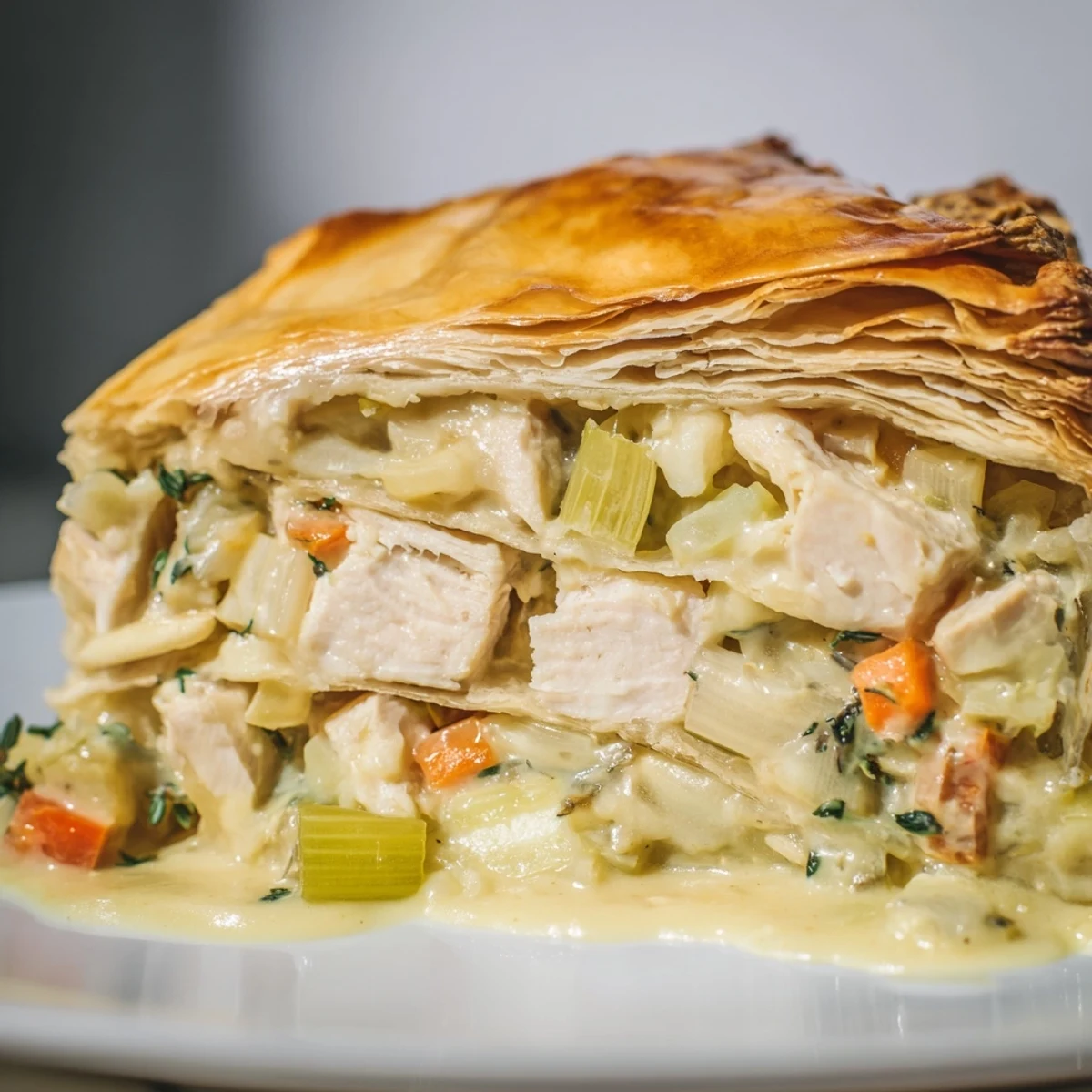 Savory Chicken and Leek Pie baked in a ceramic dish, ready to serve with mashed potatoes.