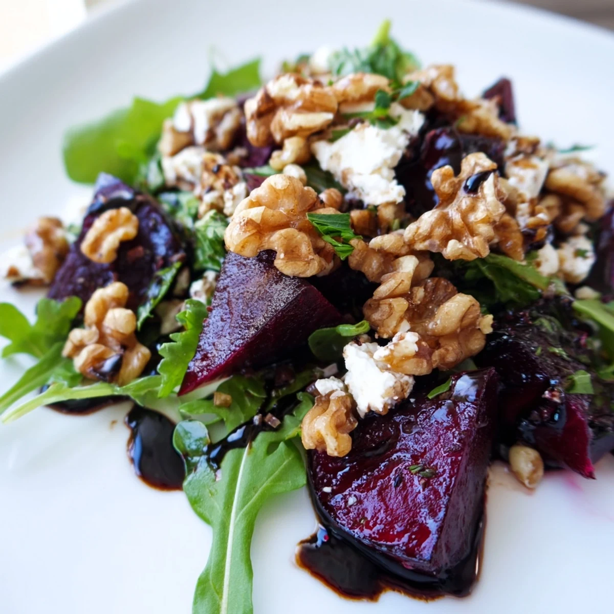 Roasted Beet and Feta Salad with Balsamic topped on a bed of arugula with toasted walnuts.