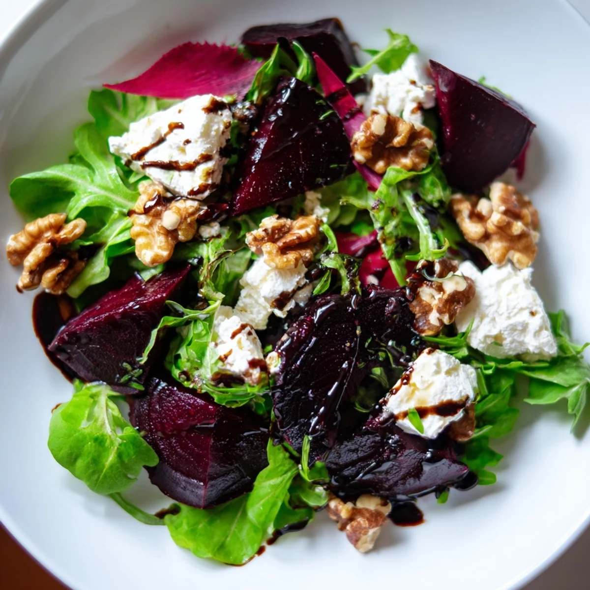 Roasted Beet and Feta Salad with Balsamic dressed in vinaigrette, served on a rustic wooden board.