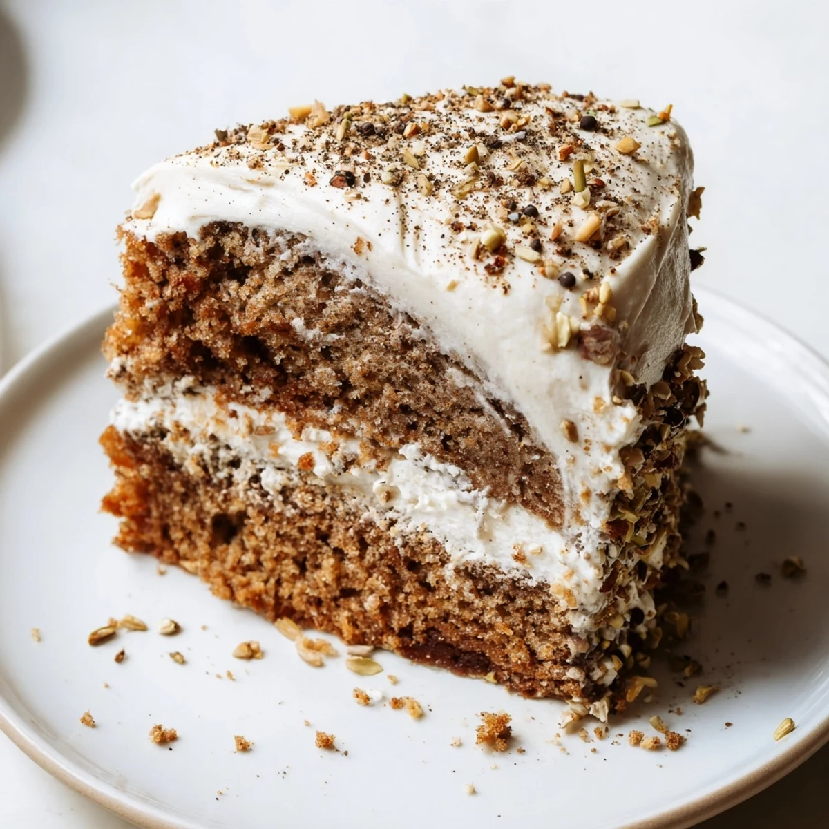 Perfectly plated Spiced Chai Latte Cake with a fork ready to serve, highlighting the rich spices and velvety frosting next to a hot brew.