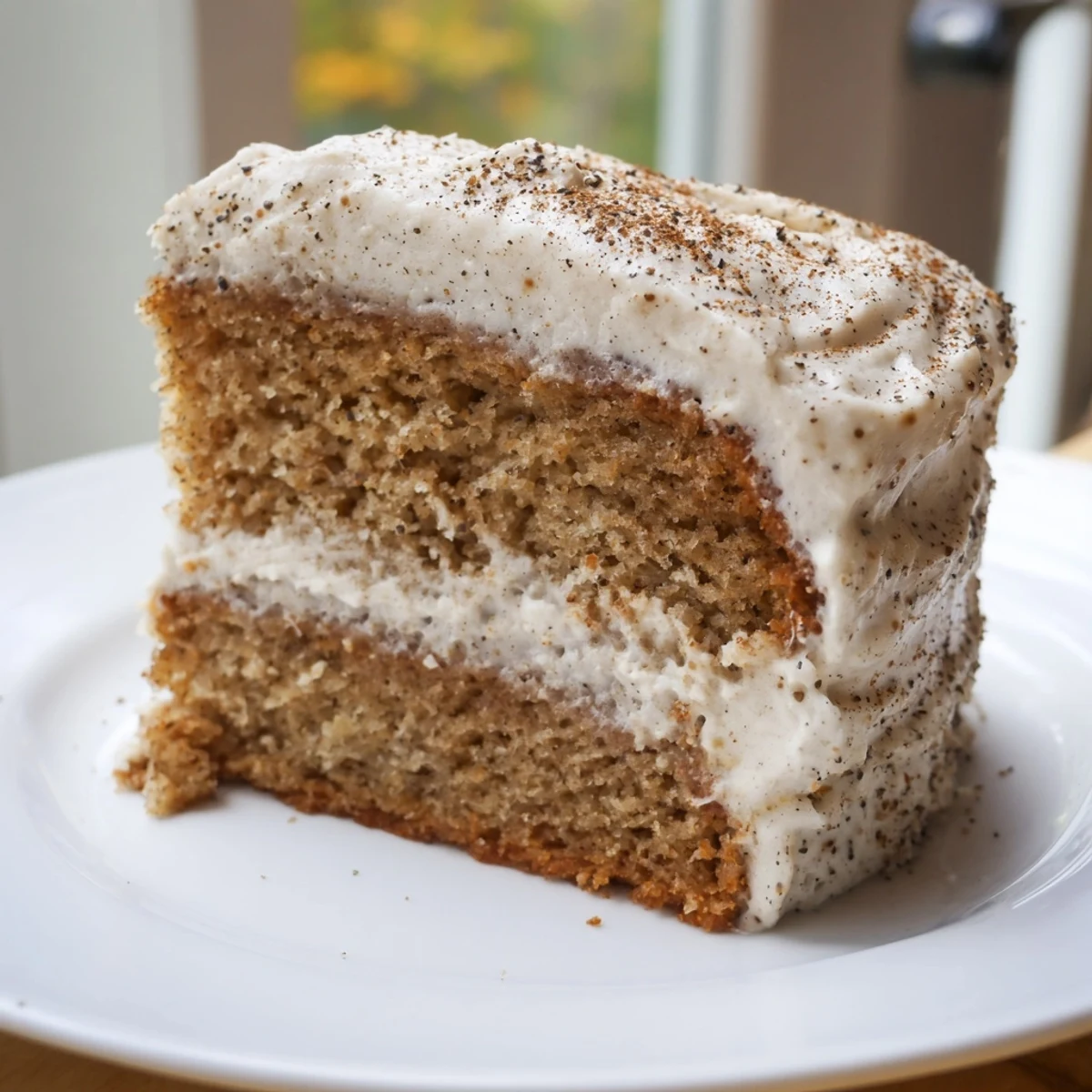 Freshly sliced Spiced Chai Latte Cake reveals moist crumb layers swirled with creamy cream cheese frosting, a dreamy dessert for any autumn afternoon.