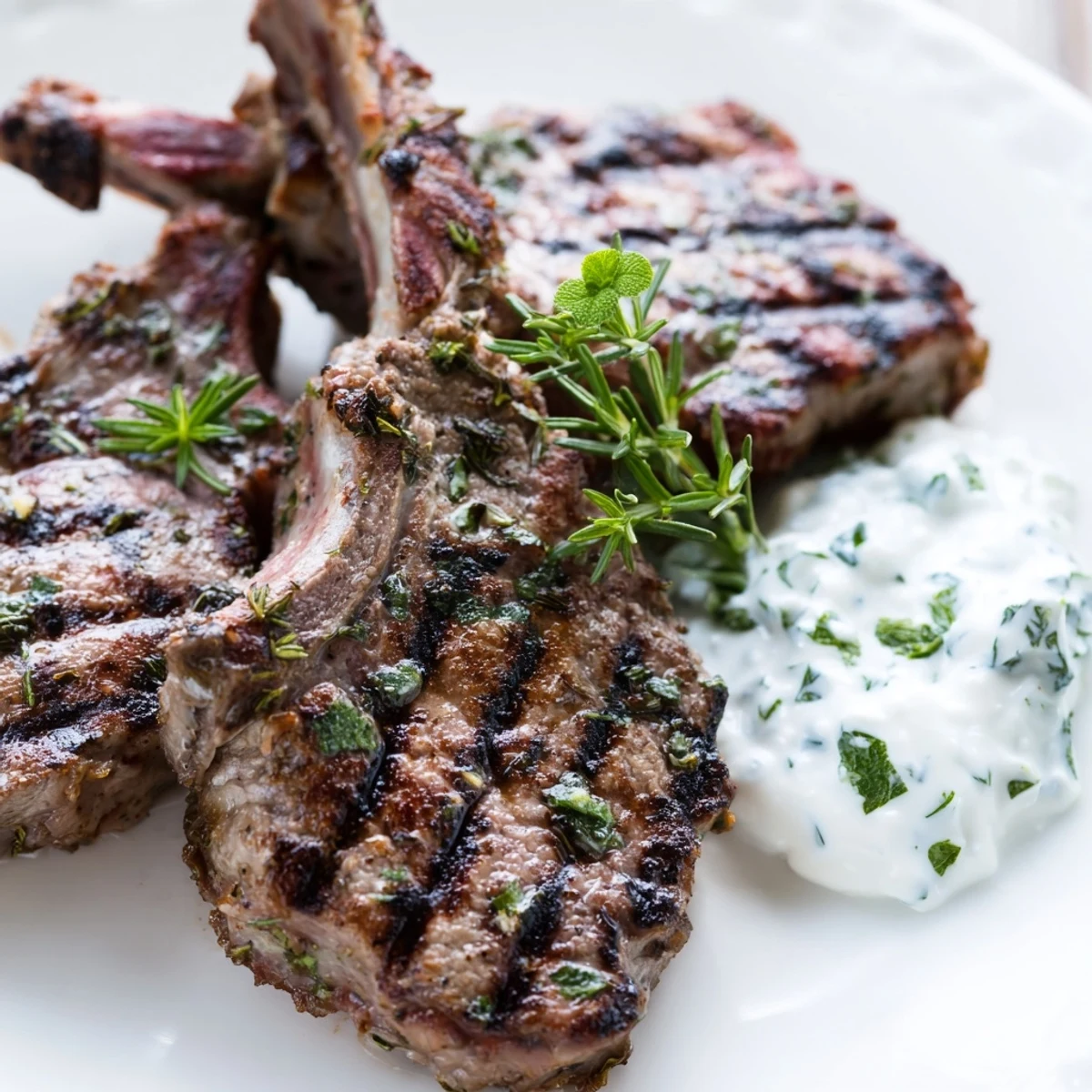 Freshly grilled lamb cutlets on a plate with mint yogurt sauce, lemon wedges, and mint sprigs, Mediterranean style.