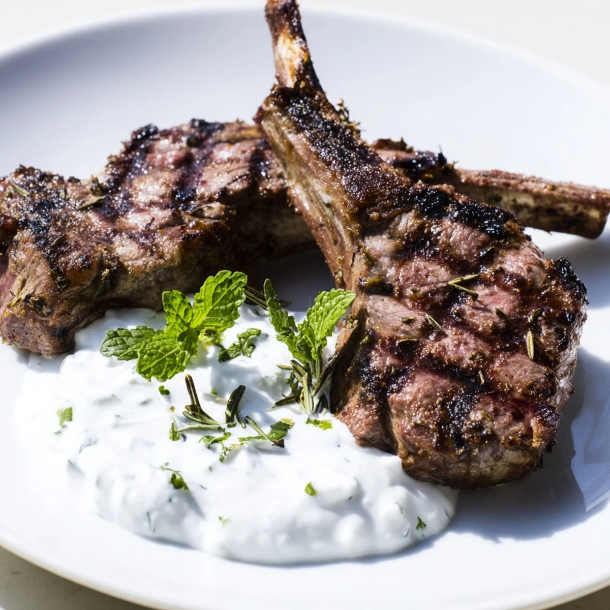 Tender grilled lamb cutlets topped with creamy mint yogurt, sliced lemon, and herbs on a rustic wooden board.